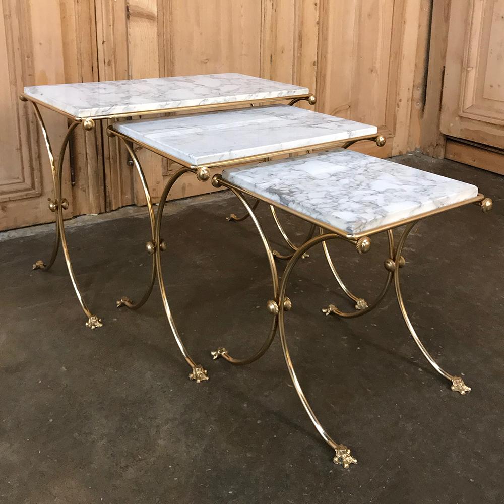 Set of Midcentury Brass and Marble Nesting Tables In Good Condition In Dallas, TX
