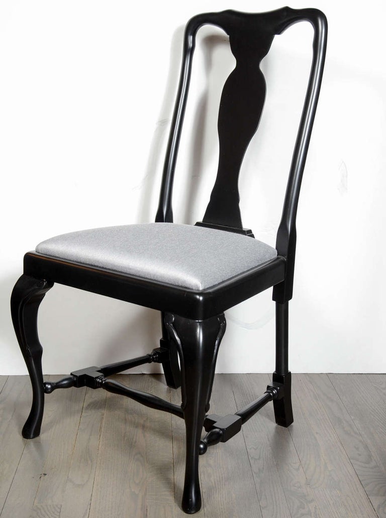Mid-20th Century Set of Six French Art Deco Cabriole Ebonized Walnut Dining Chairs by Jansen For Sale