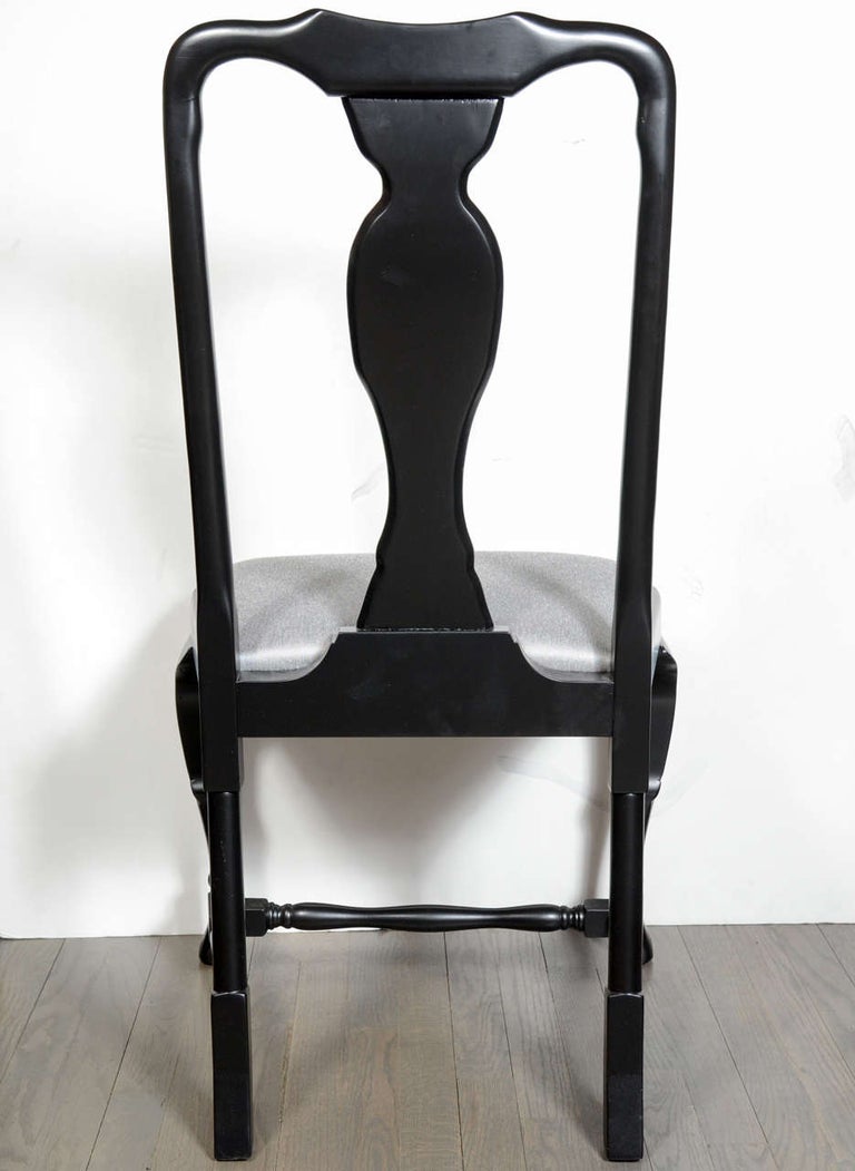 Set of Six French Art Deco Cabriole Ebonized Walnut Dining Chairs by Jansen For Sale 4