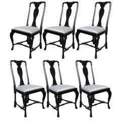 Set of Six French Art Deco Cabriole Ebonized Walnut Dining Chairs by Jansen