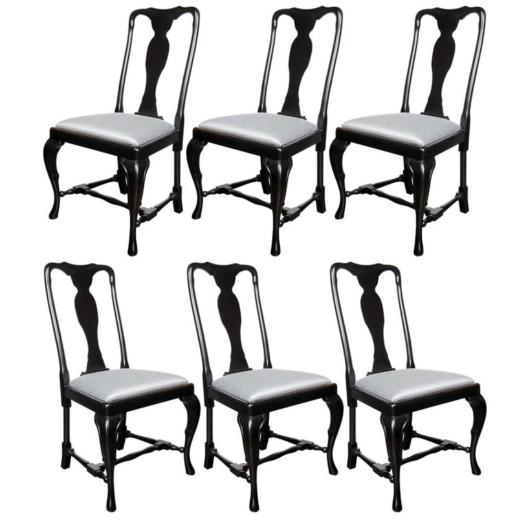 Set of Six French Art Deco Cabriole Ebonized Walnut Dining Chairs by Jansen For Sale