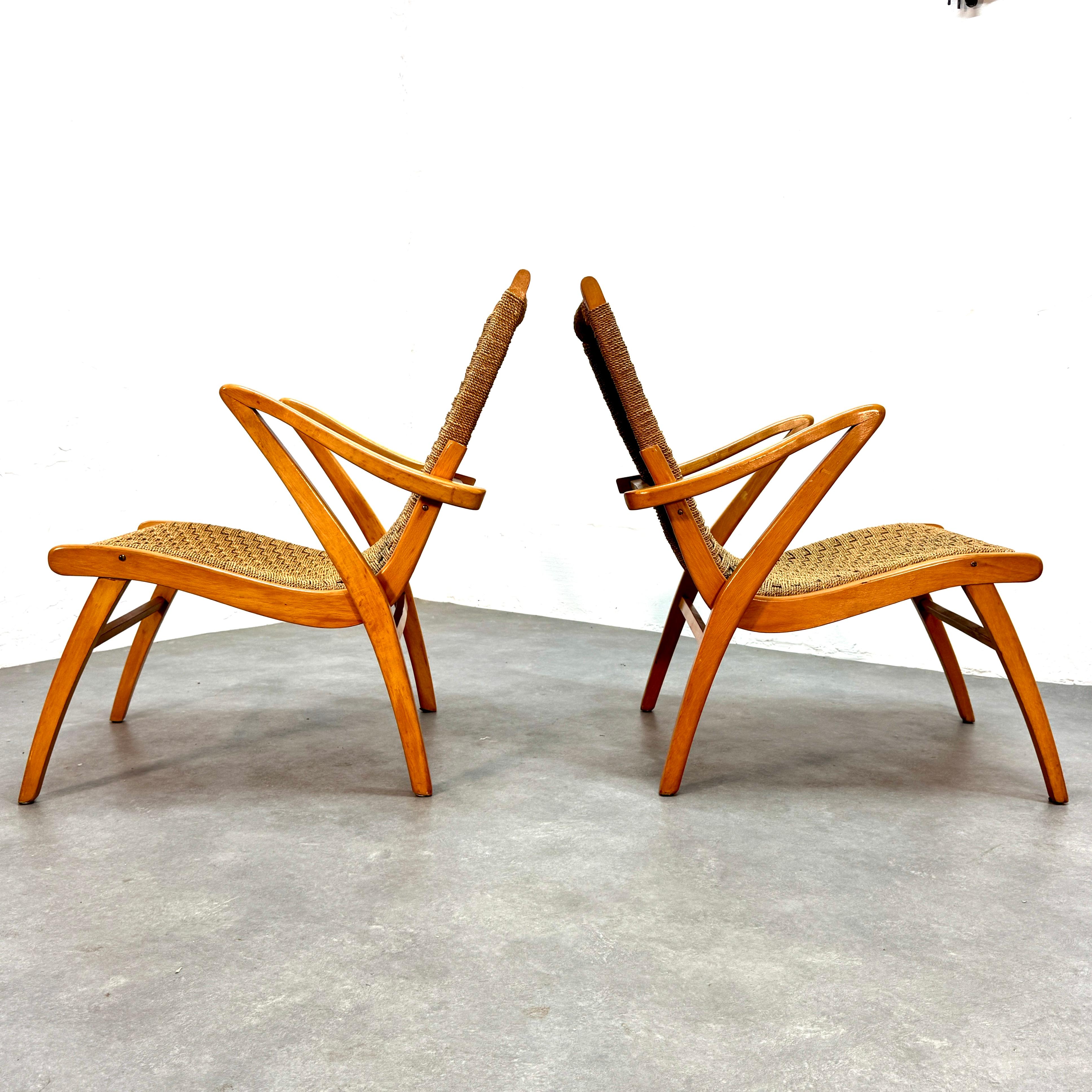 Mid-Century Modern Ensemble de fauteuils hollandais en corde tressée du milieu du siècle, 1950 en vente