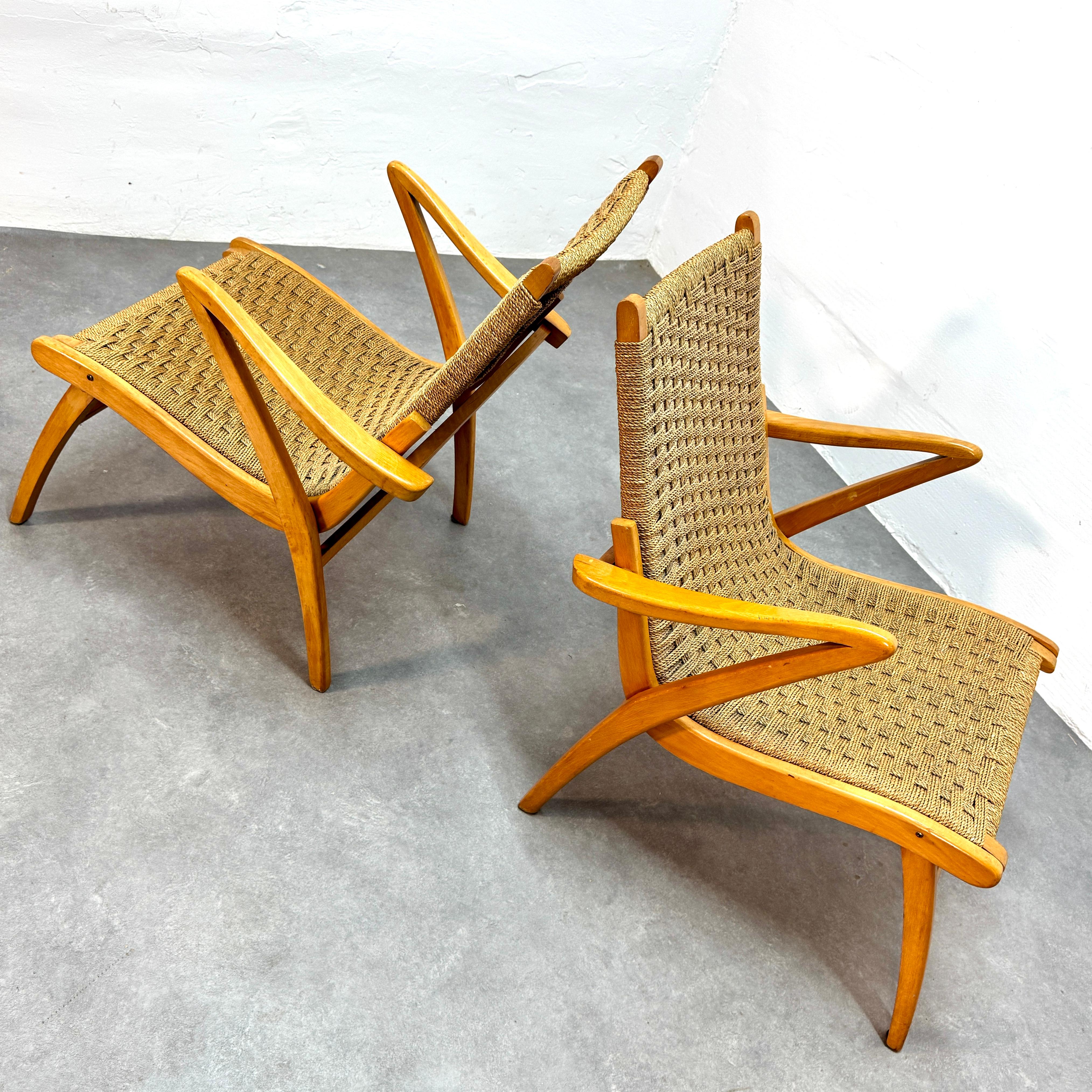 Européen Ensemble de fauteuils hollandais en corde tressée du milieu du siècle, 1950 en vente