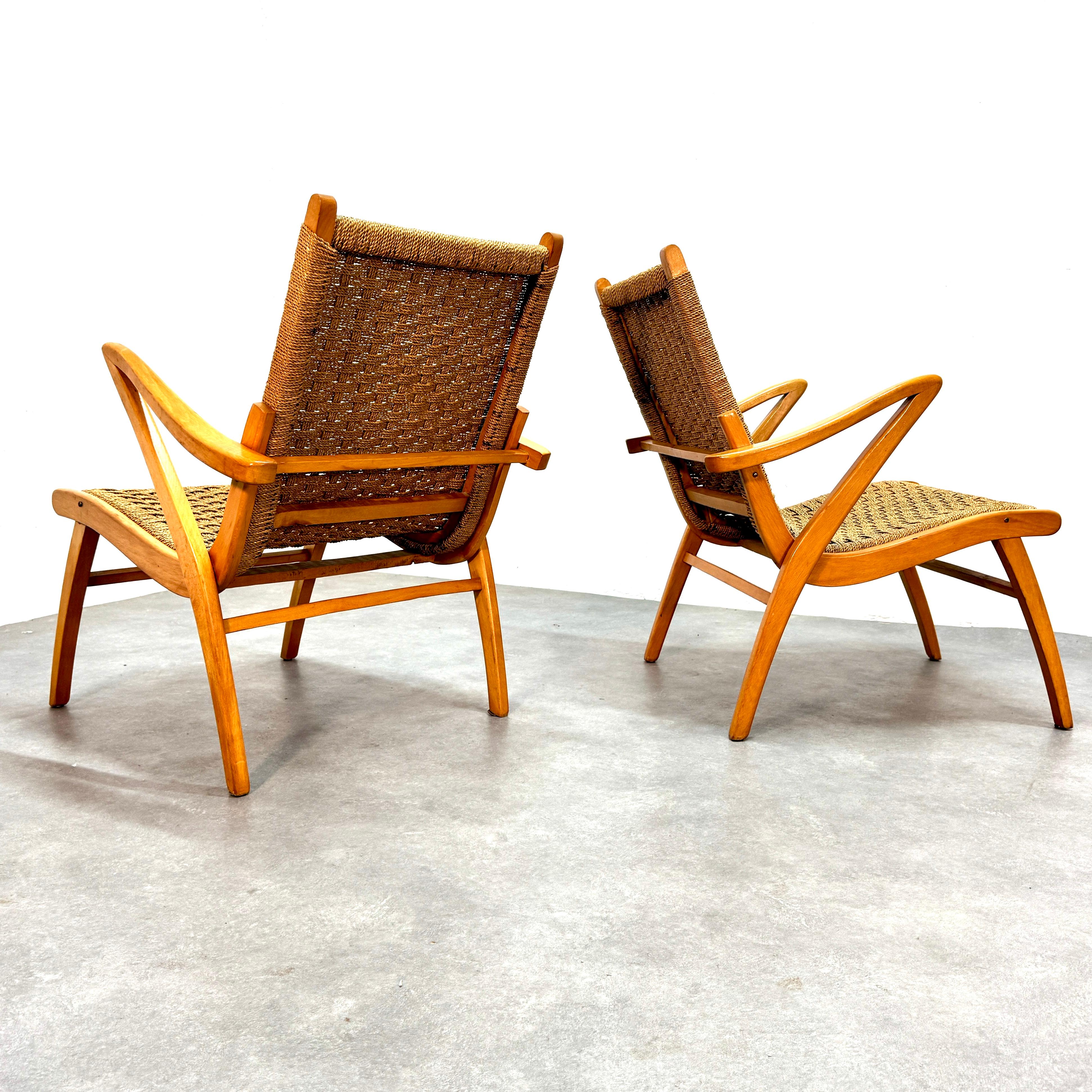 Ensemble de fauteuils hollandais en corde tressée du milieu du siècle, 1950 Bon état - En vente à CASTENRAY, NL