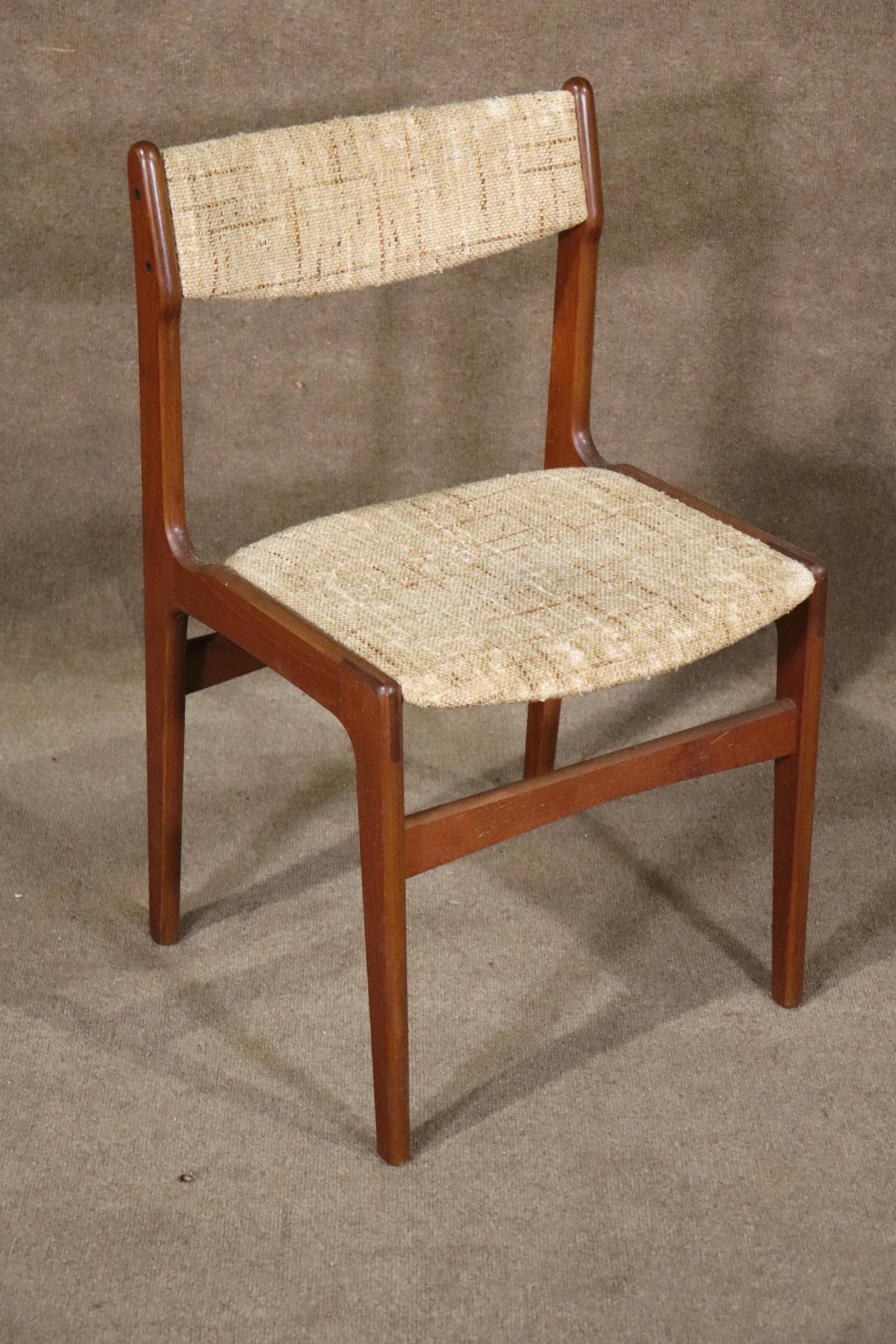 Set of four dining chairs with soft teak frames and upholstered seat and back. Danish made Mid-Century Modern design.
Please confirm location NY or NJ.