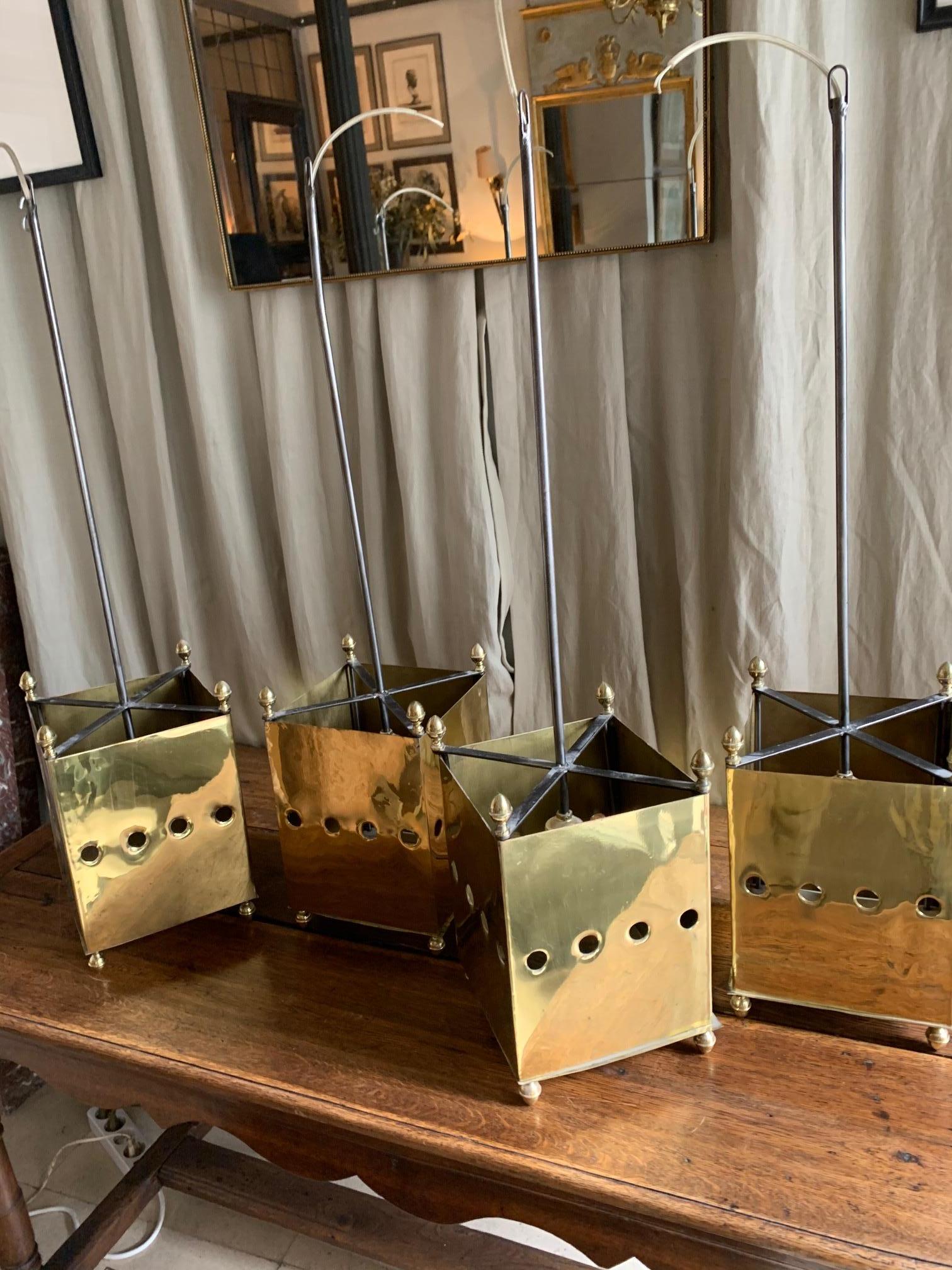Set of Midcentury Two Frech Brass Lanterns or Pendants Maison Bagues Style In Good Condition In Madrid, ES