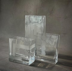 Set of Mid Century Glass Vases with Etched Design in Graduated Sizes