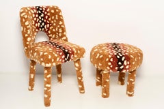 Ensemble de chaise et tabouret en laine touffetée de cerf Bambi, milieu de siècle, Europe