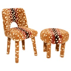 Ensemble de chaise et tabouret en laine touffetée de cerf Bambi, milieu de siècle, Europe
