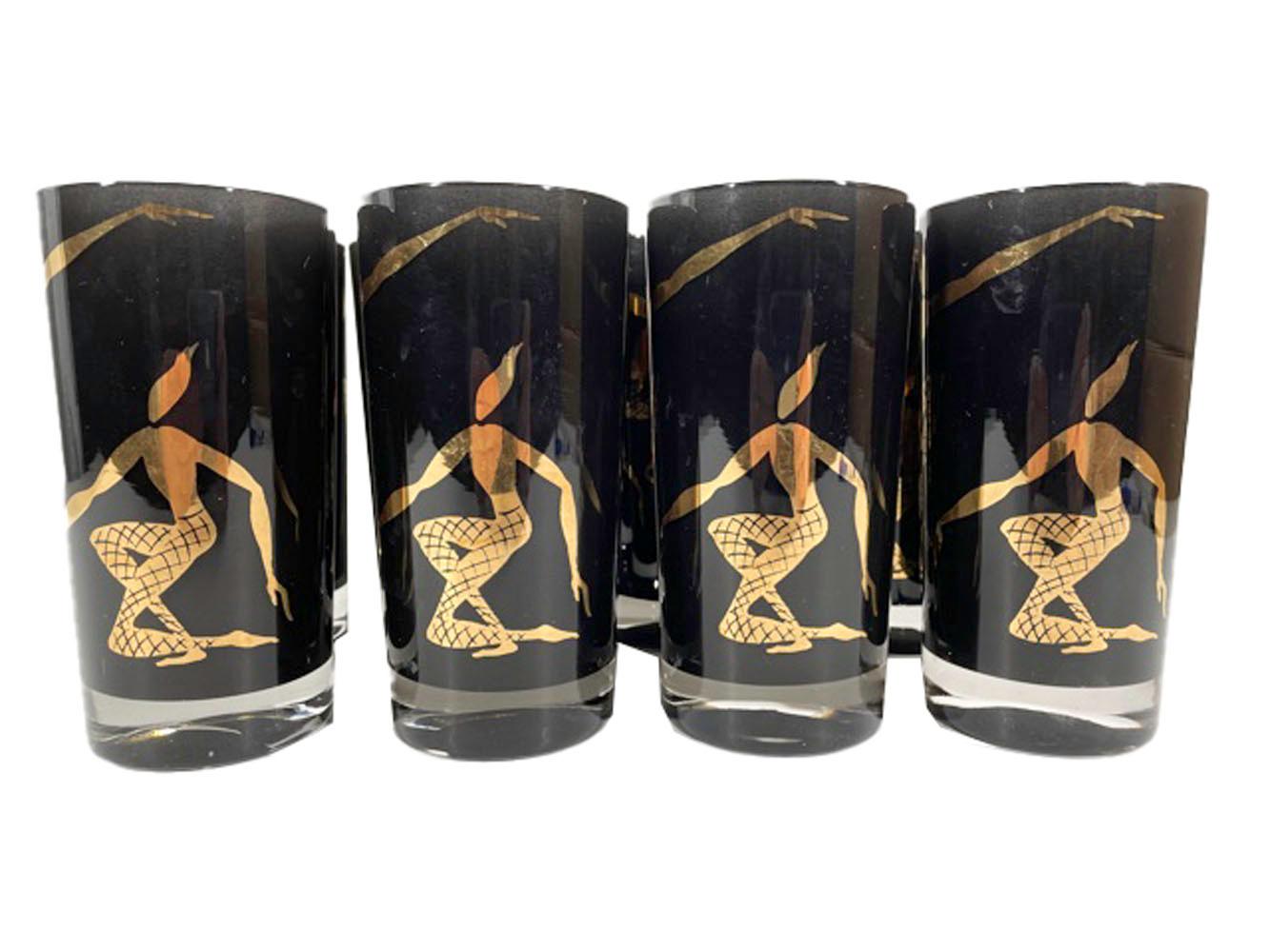 Mid-Century Modern Set of Mid-Century Highball Glasses with Black Frosted Interiors & Gold Dancers For Sale