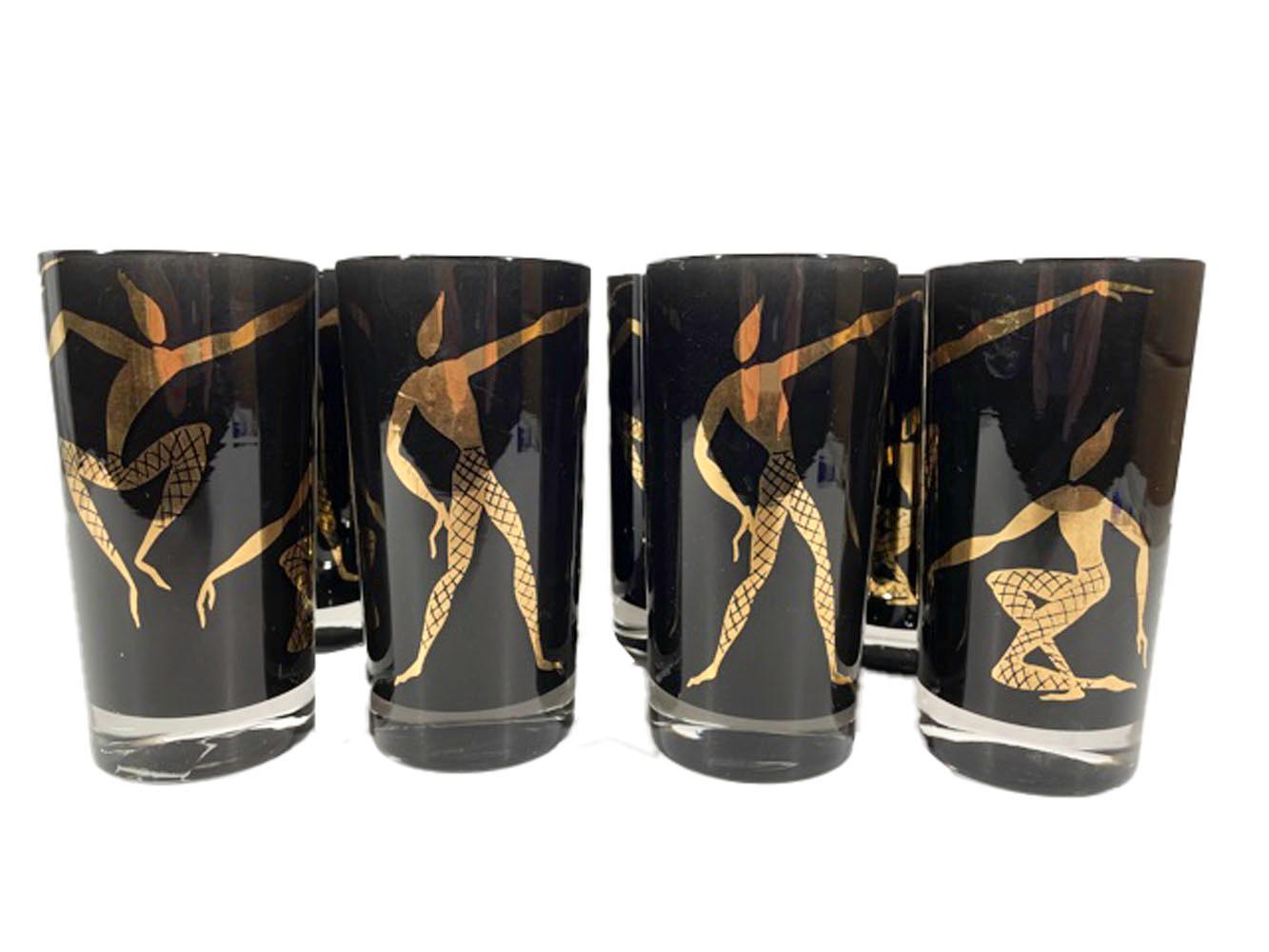 American Set of Mid-Century Highball Glasses with Black Frosted Interiors & Gold Dancers For Sale