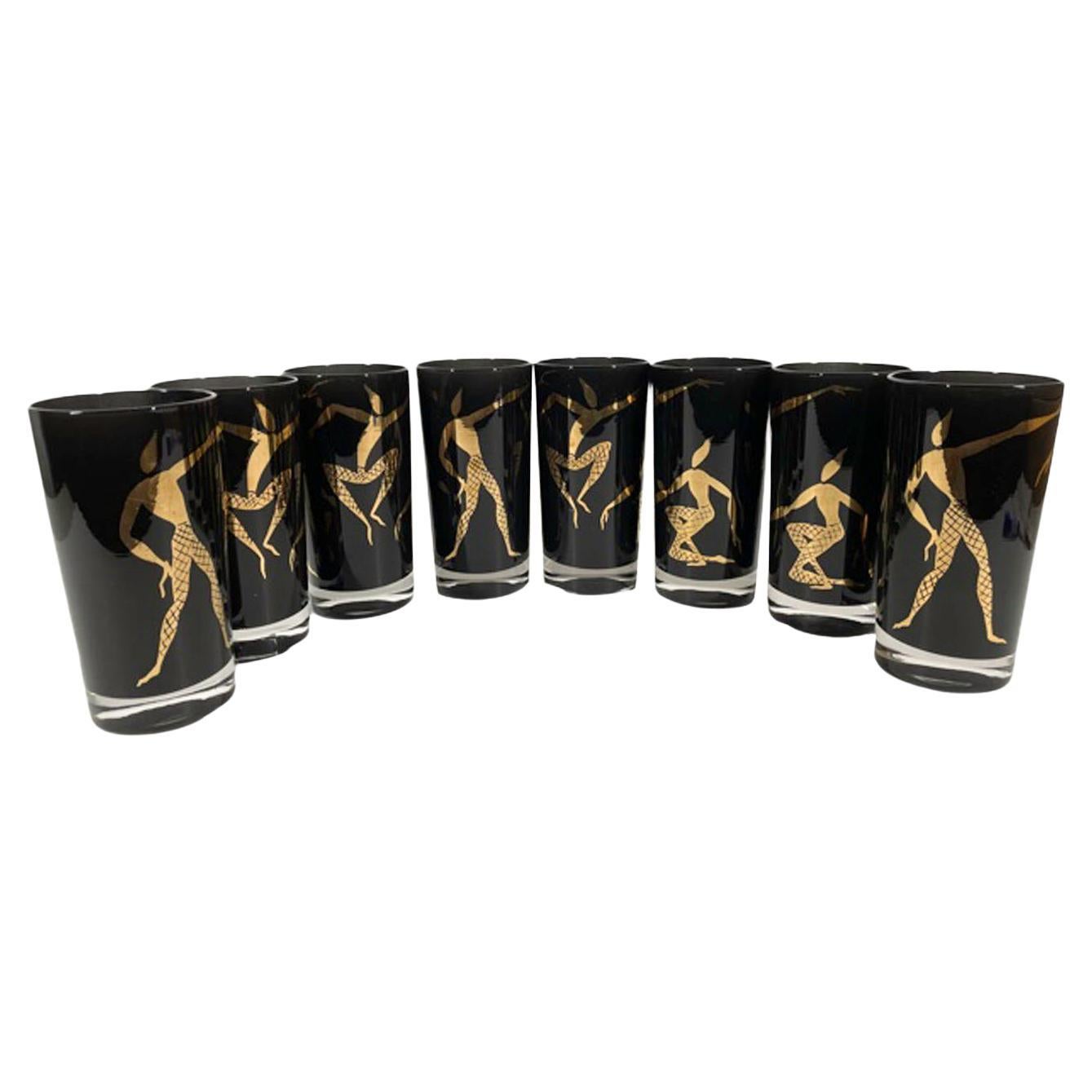 Set of Mid-Century Highball Glasses with Black Frosted Interiors & Gold Dancers