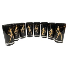 Vintage Set of Mid-Century Highball Glasses with Black Frosted Interiors & Gold Dancers