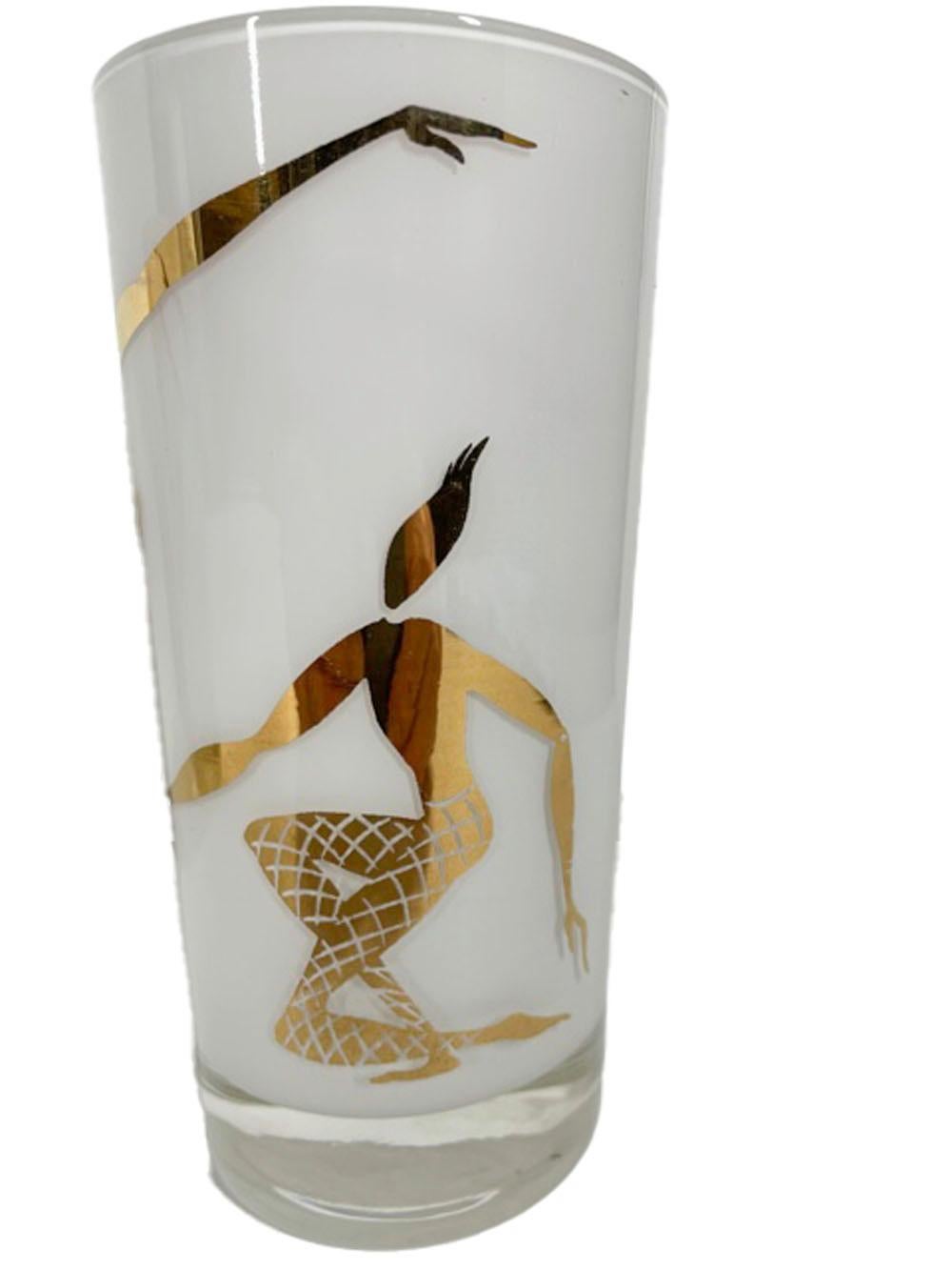 Mid-Century Modern Set of Mid-Century Highball Glasses with White Frosted Interiors & Gold Dancers For Sale