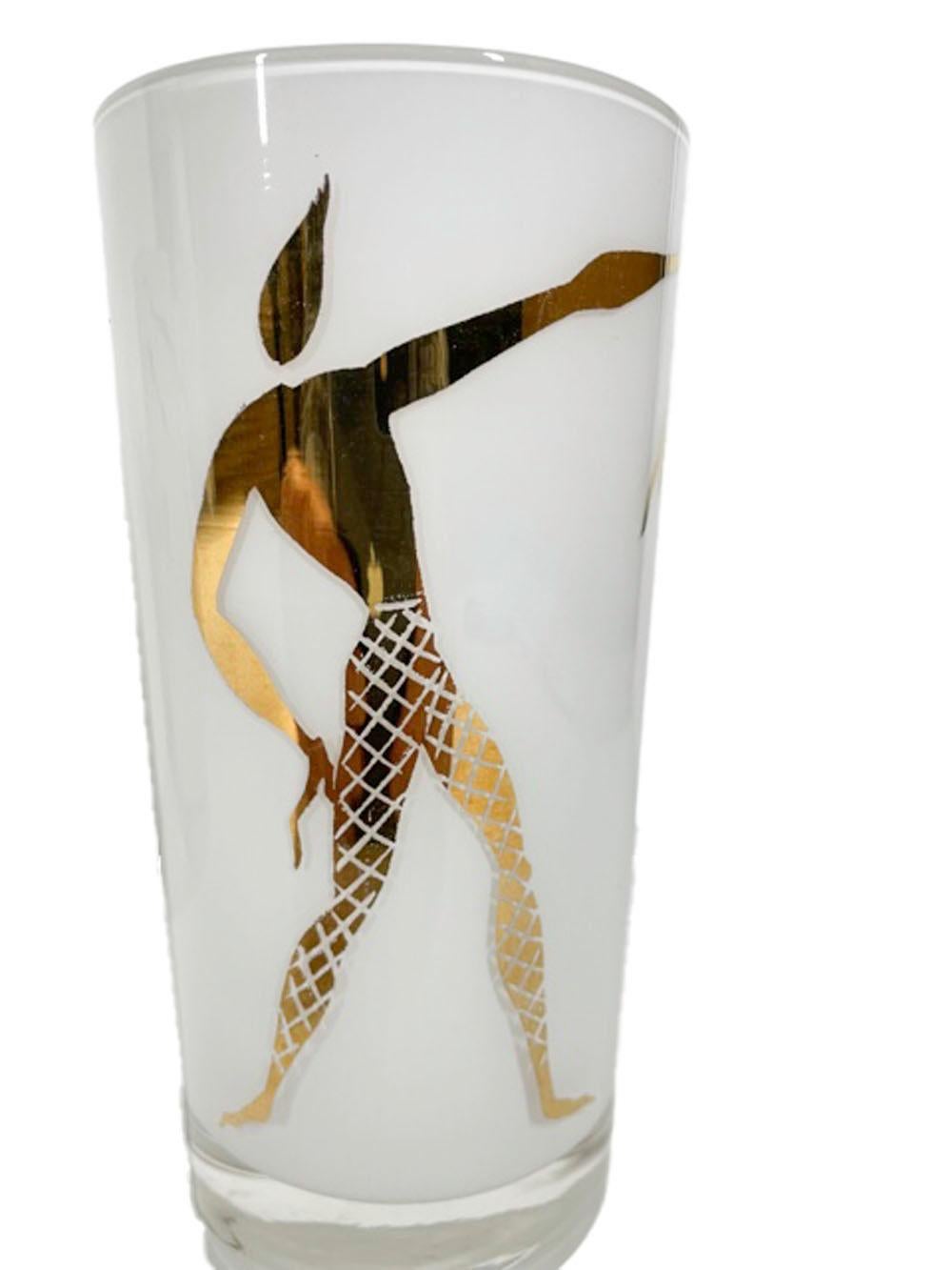 American Set of Mid-Century Highball Glasses with White Frosted Interiors & Gold Dancers For Sale