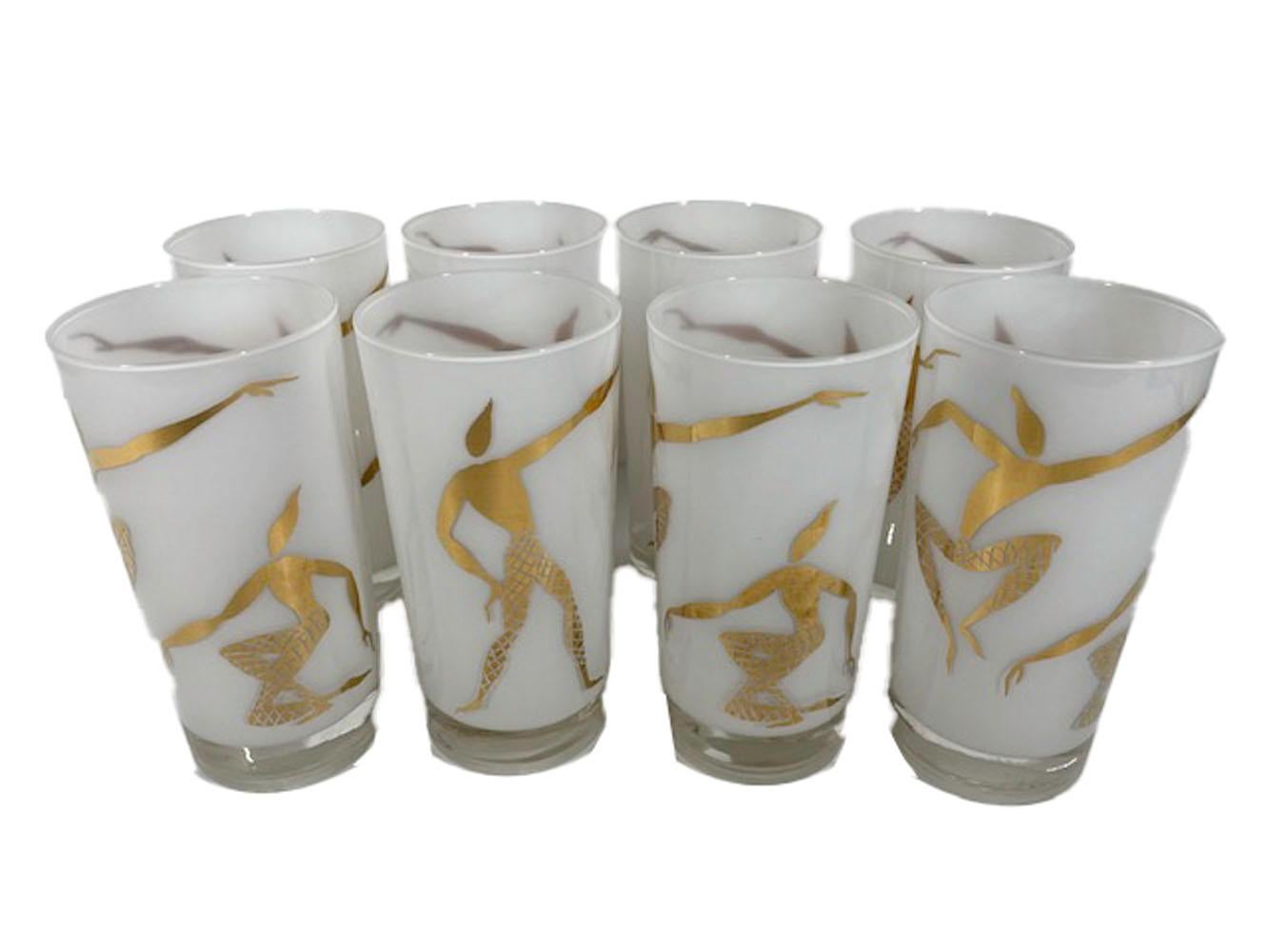 Set of Mid-Century Highball Glasses with White Frosted Interiors & Gold Dancers In Good Condition For Sale In Nantucket, MA