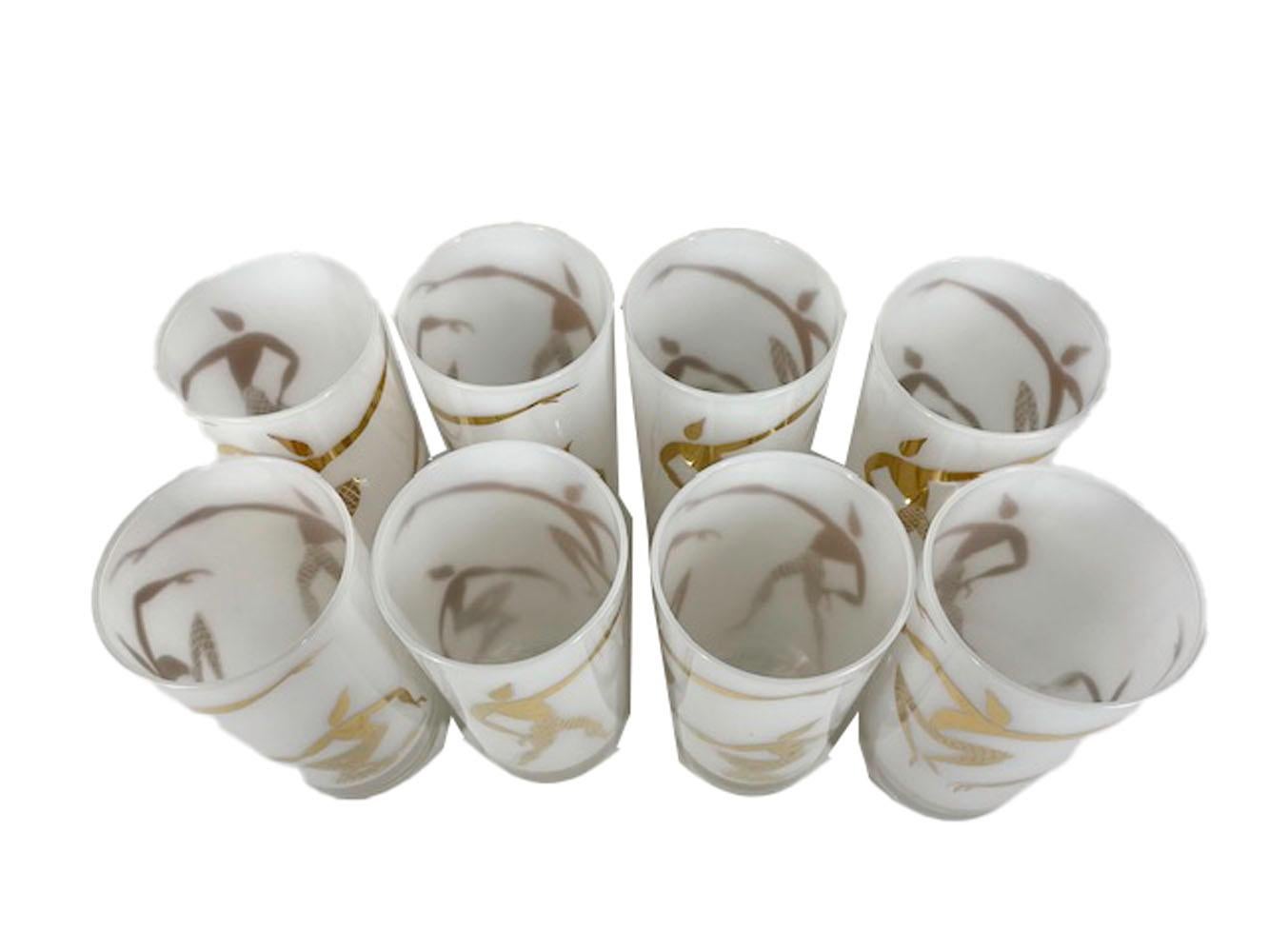 20th Century Set of Mid-Century Highball Glasses with White Frosted Interiors & Gold Dancers For Sale