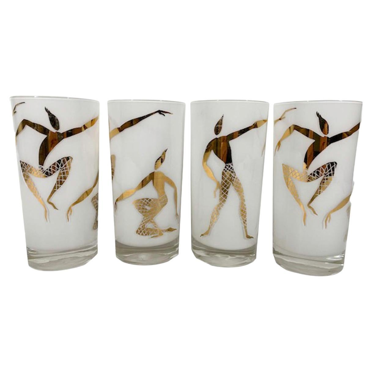 Set of Mid-Century Highball Glasses with White Frosted Interiors & Gold Dancers