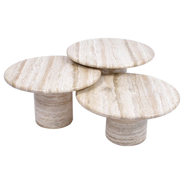 Set Of Mid Century Modern Cream Travertine Round Pedestal Coffee Tables 1970 For Sale At 1stdibs