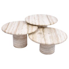 Set of Mid-Century Modern Cream Travertine Round Pedestal Coffee Tables, 1970