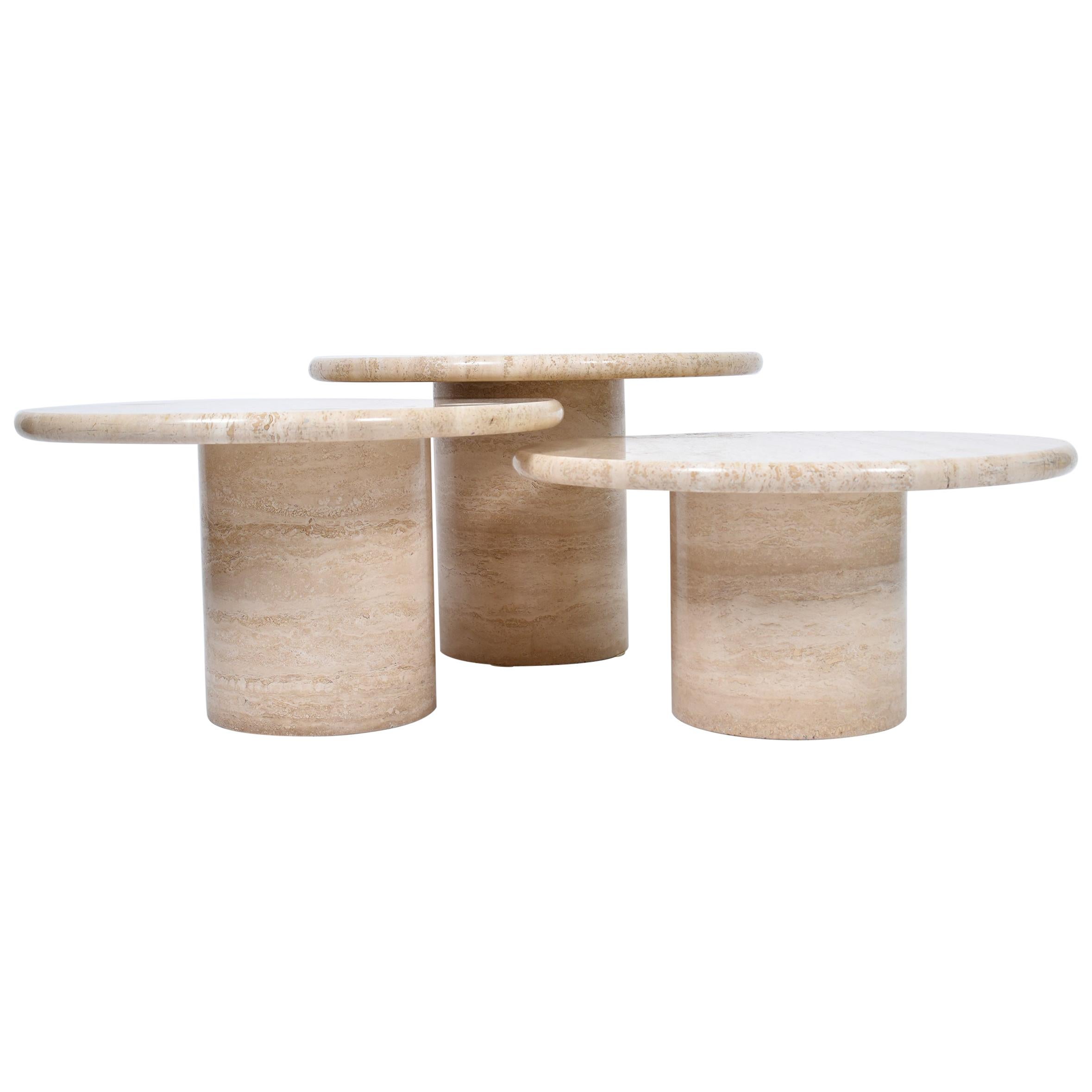 Set of Mid-Century Modern Cream Travertine Round Pedestal Coffee Tables, 1970