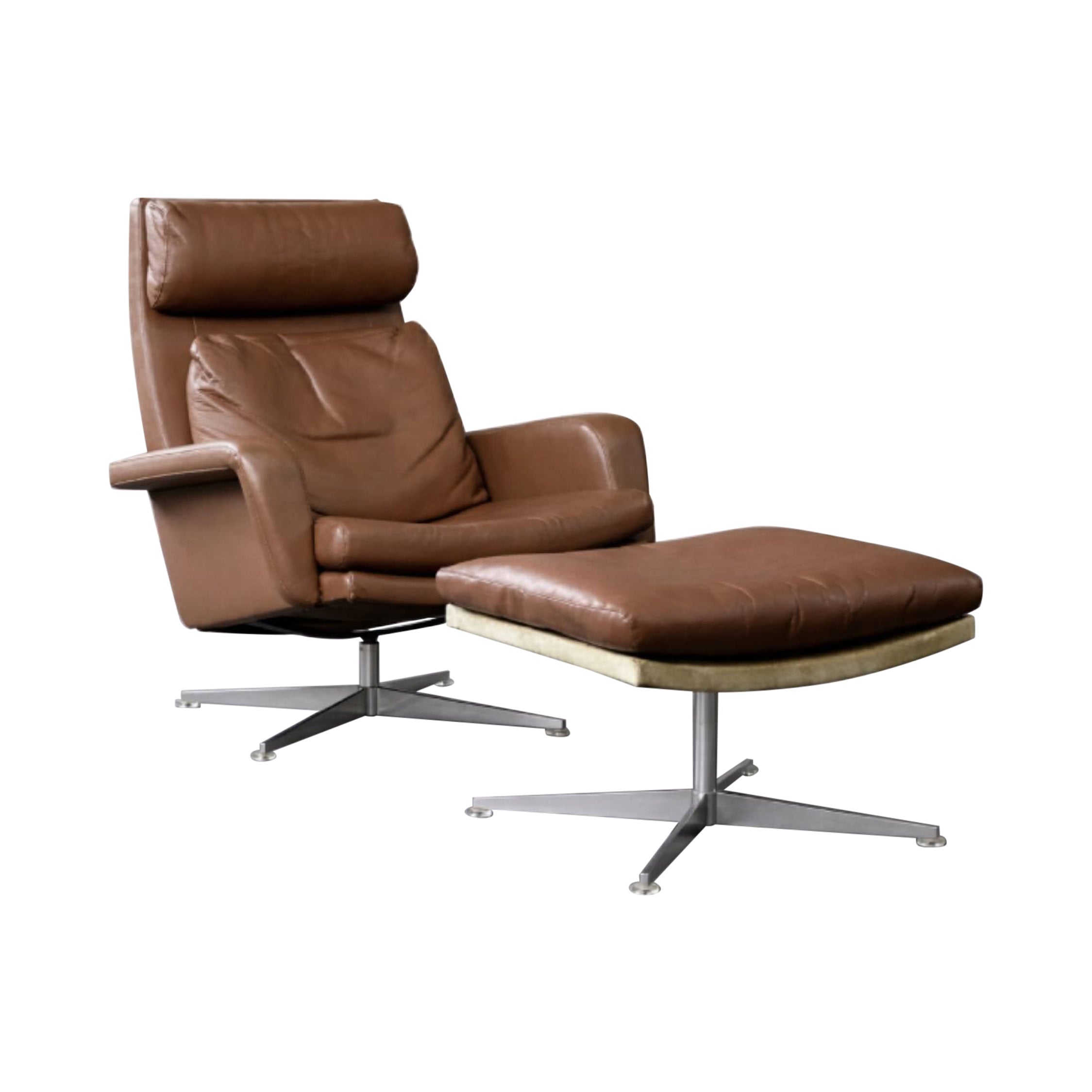 Set of Mid-Century Modern Danish Brown Leather Swivel Chair & Ottoman, 1970s