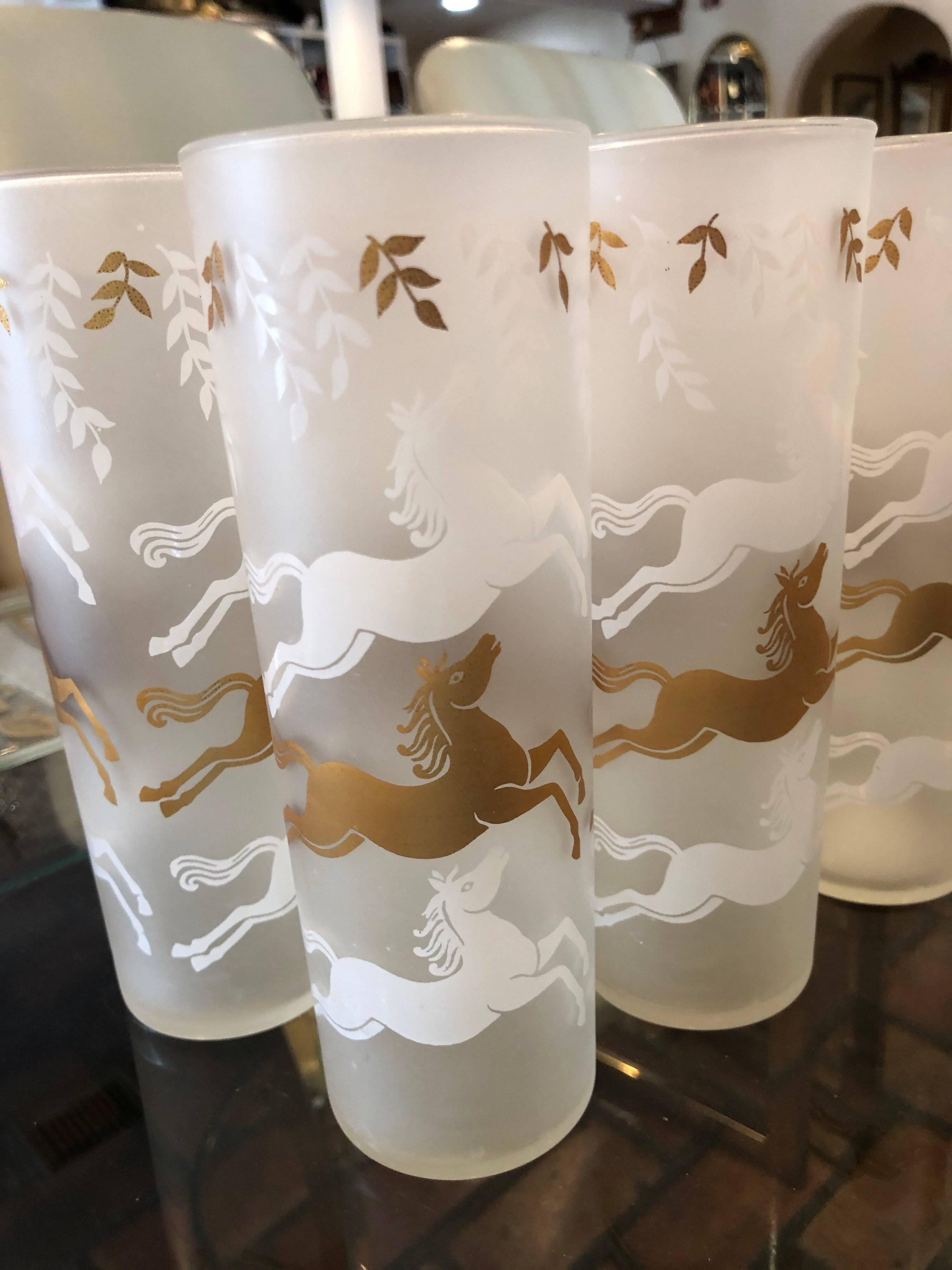 Set of Mid-Century Modern Frosted Horse High Ball Glasses - Set of 9  7