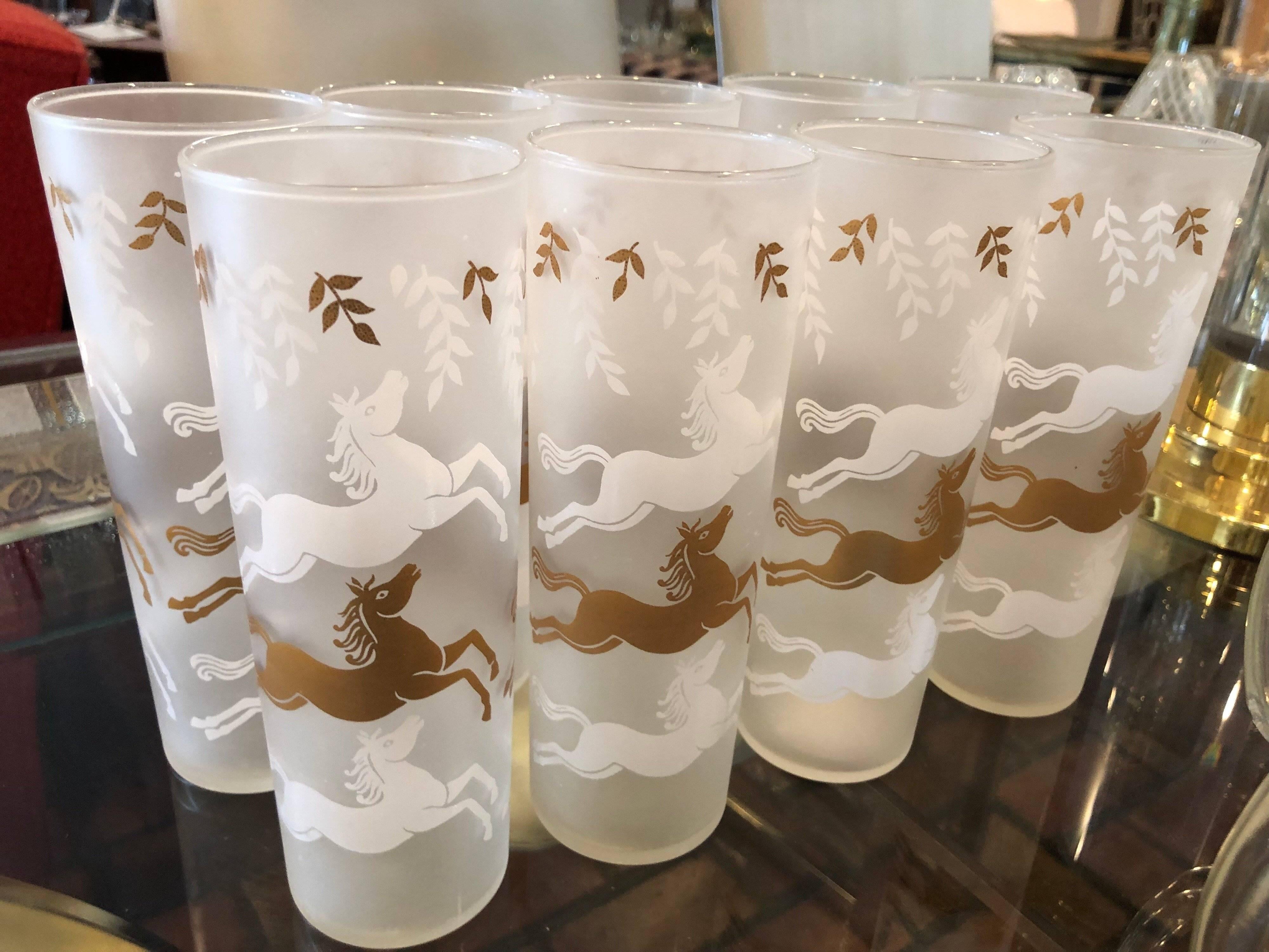 Set of Mid-Century Modern Frosted Horse High Ball Glasses - Set of 9  9