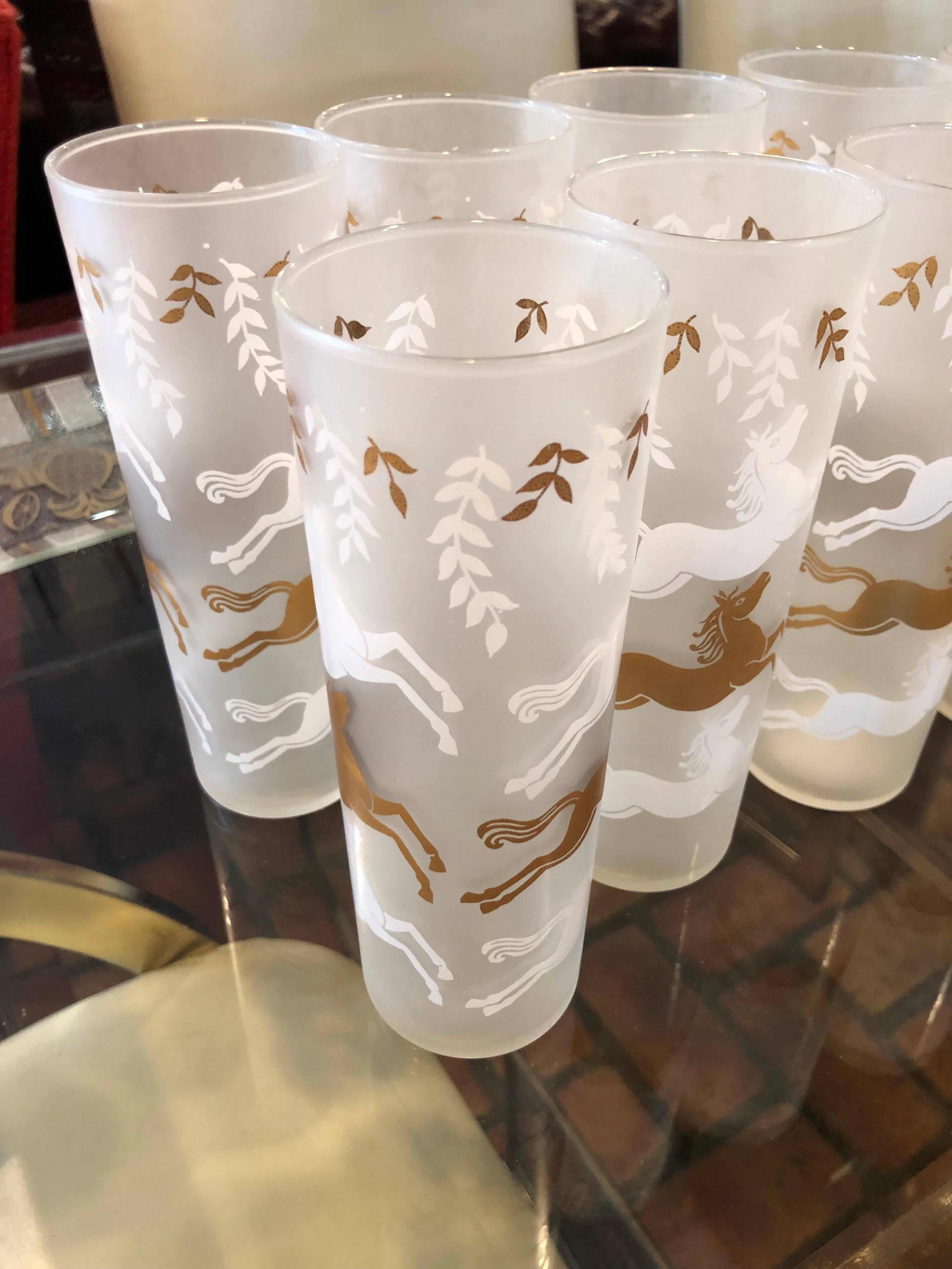 Set of Mid-Century Modern Frosted Horse High Ball Glasses - Set of 9  10