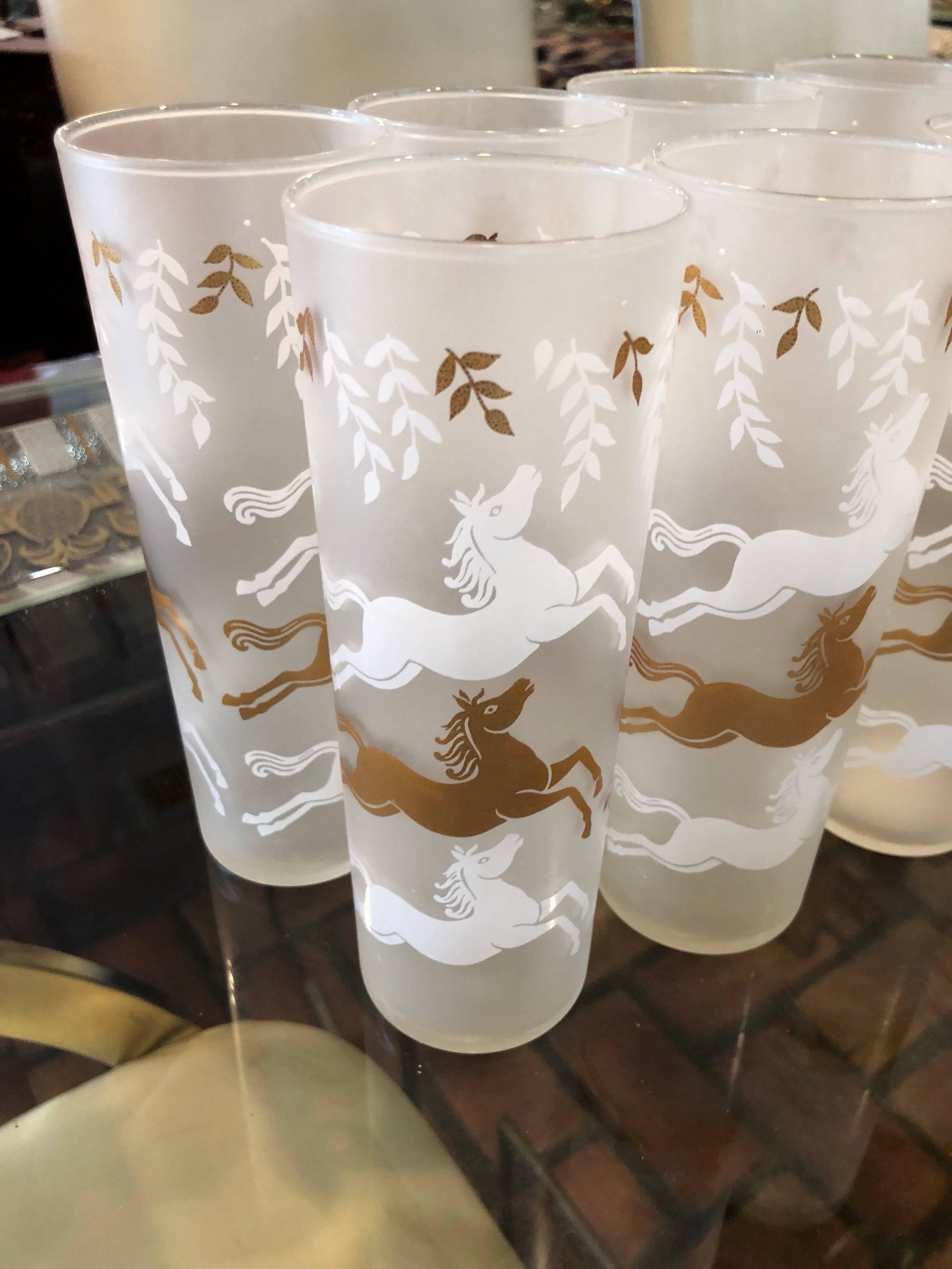 Set of Mid-Century Modern Frosted Horse High Ball Glasses - Set of 9  11