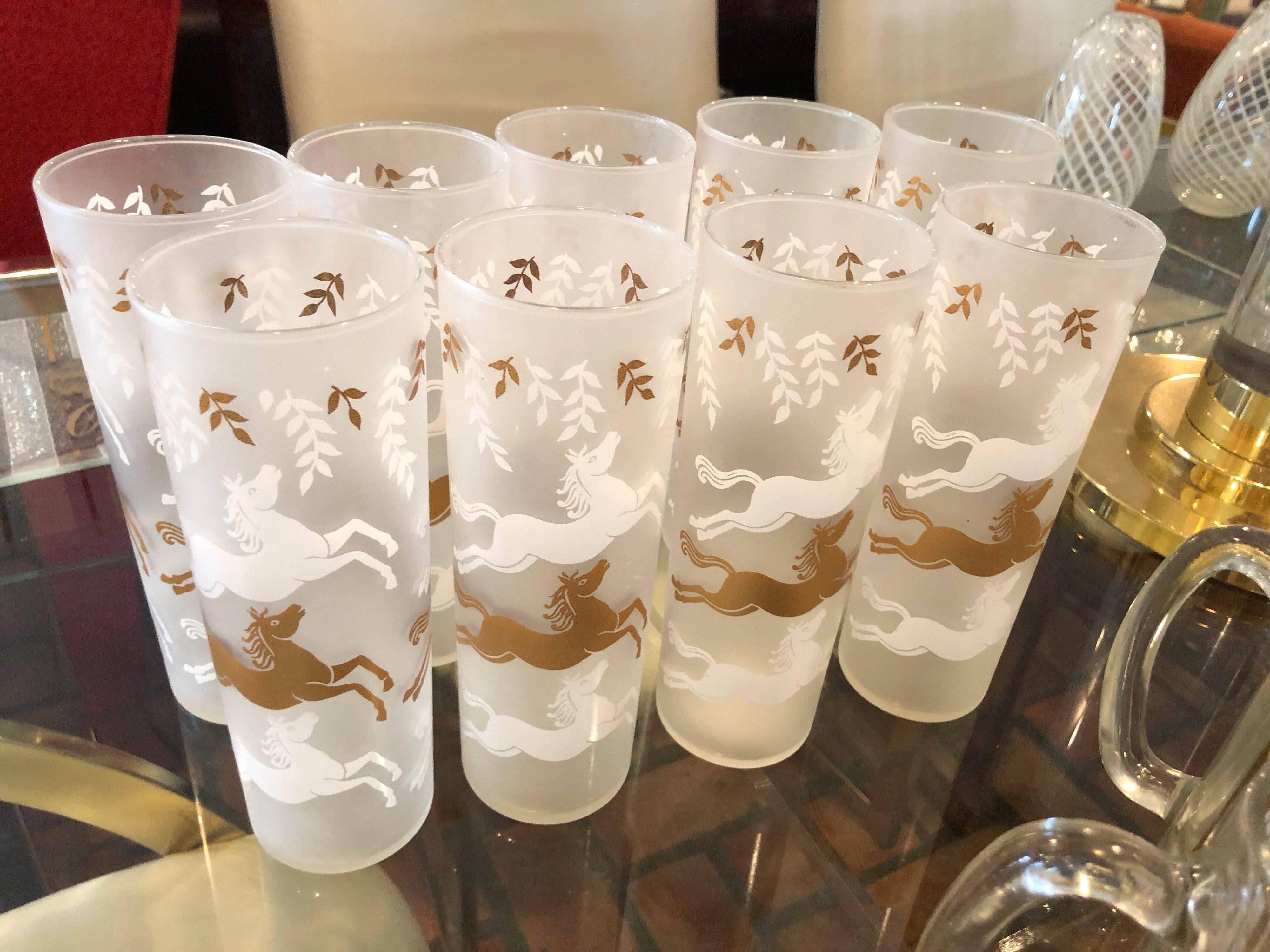 Set of Mid-Century Modern Frosted Horse High Ball Glasses - Set of 9  13