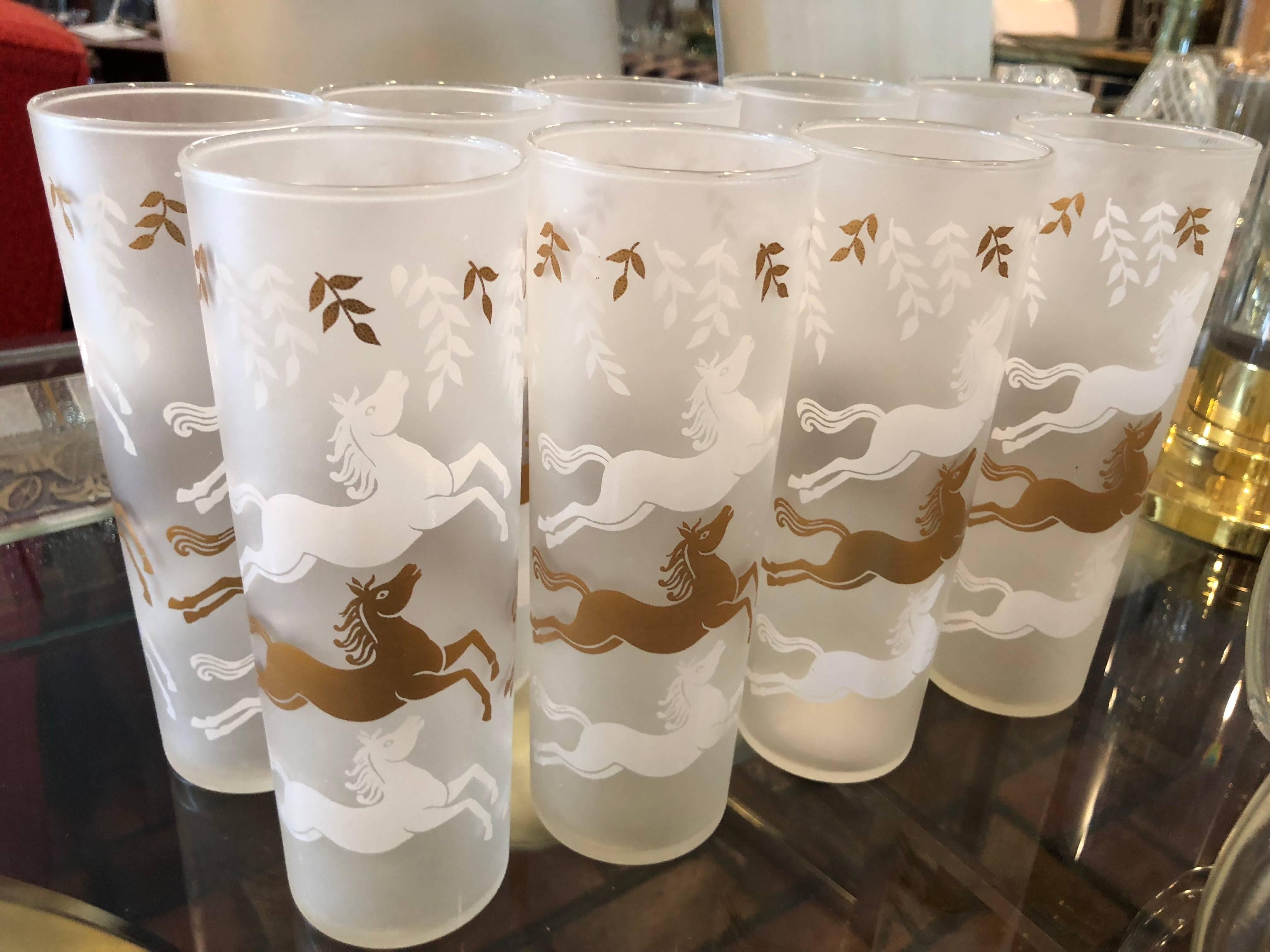 Set of Mid-Century Modern Frosted Horse High Ball Glasses - Set of 9  3