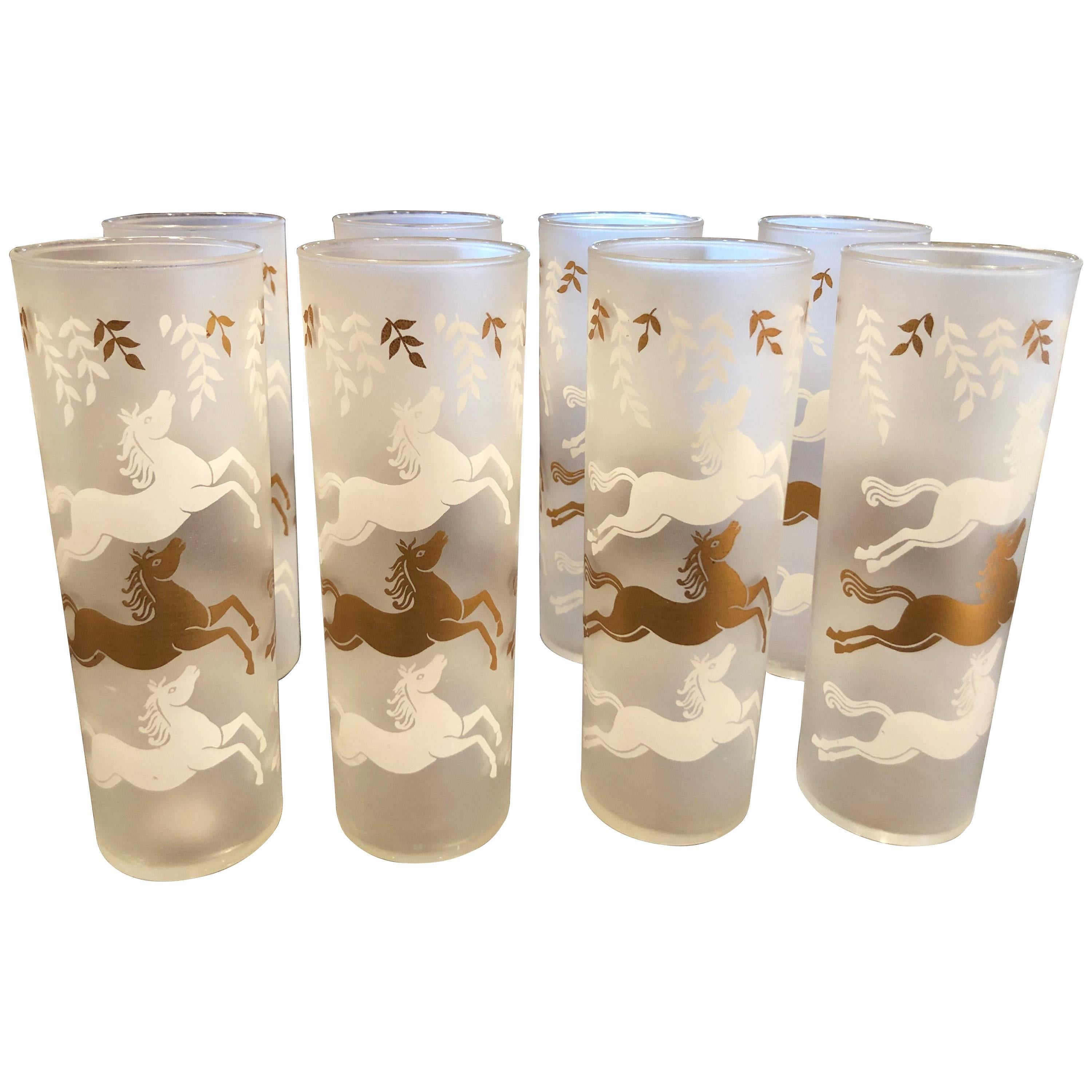 Set of Mid-Century Modern Frosted Horse High Ball Glasses - Set of 9 