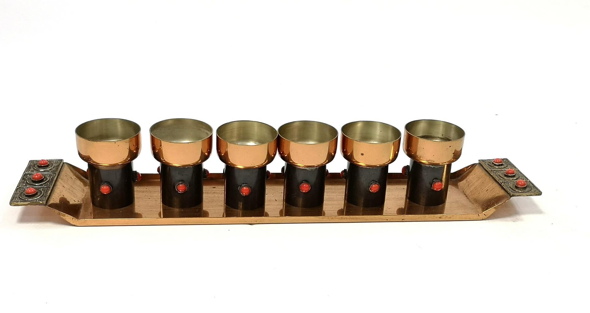 Set of Mid-Century Modern Hand Made Liqueur Glasses of Copper and Enamel, 1970's For Sale 6