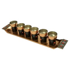 Set of Mid-Century Modern Hand Made Liqueur Glasses of Copper and Enamel, 1970
s