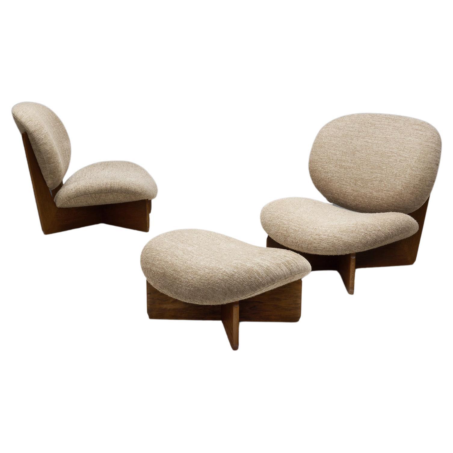 Set of Mid-Century Modern Lounge Chairs and Footstool, Europe Late 20th Century For Sale