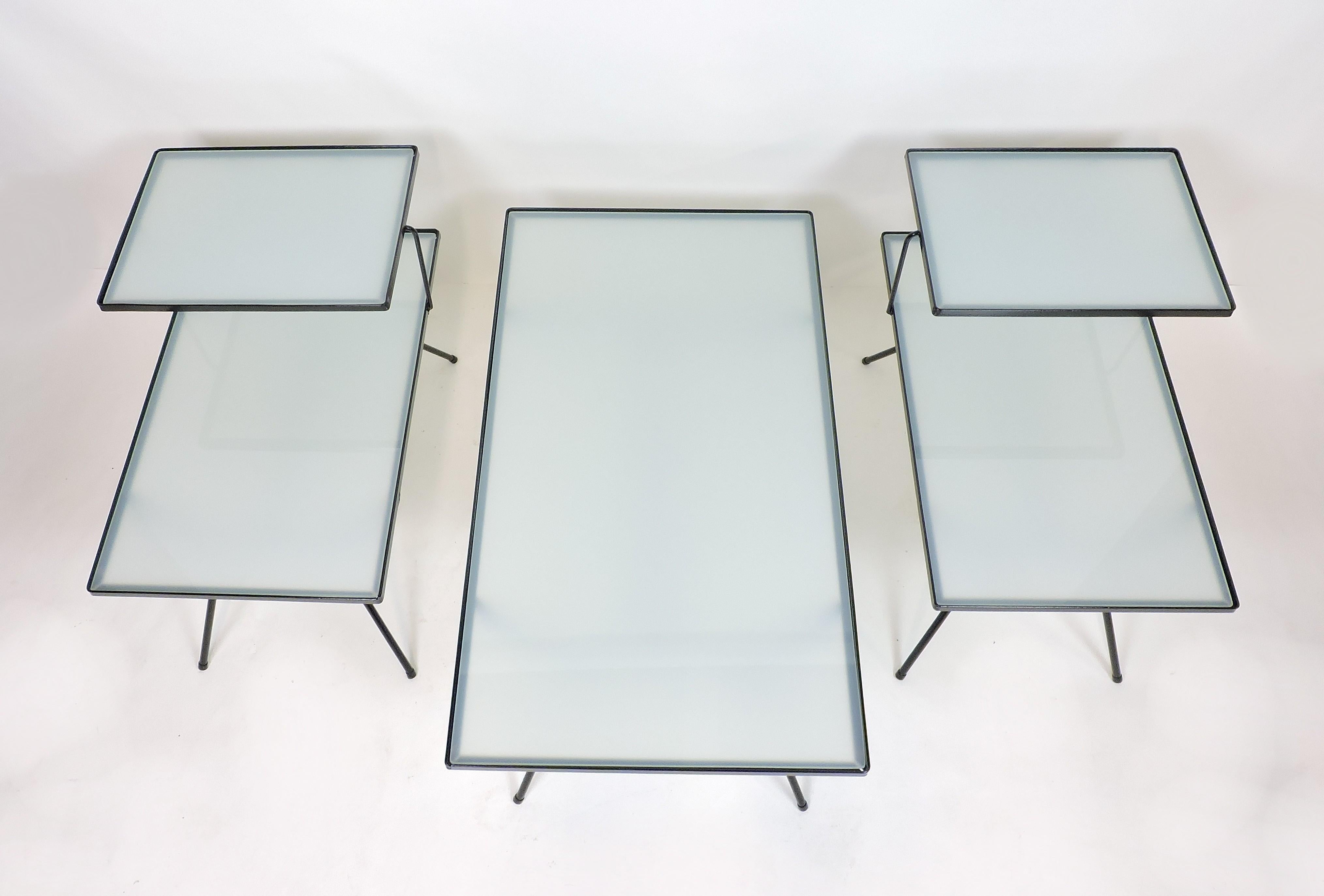 American Set of Mid-Century Modern Nelson Style Iron and Glass Tables by Frank and Son For Sale