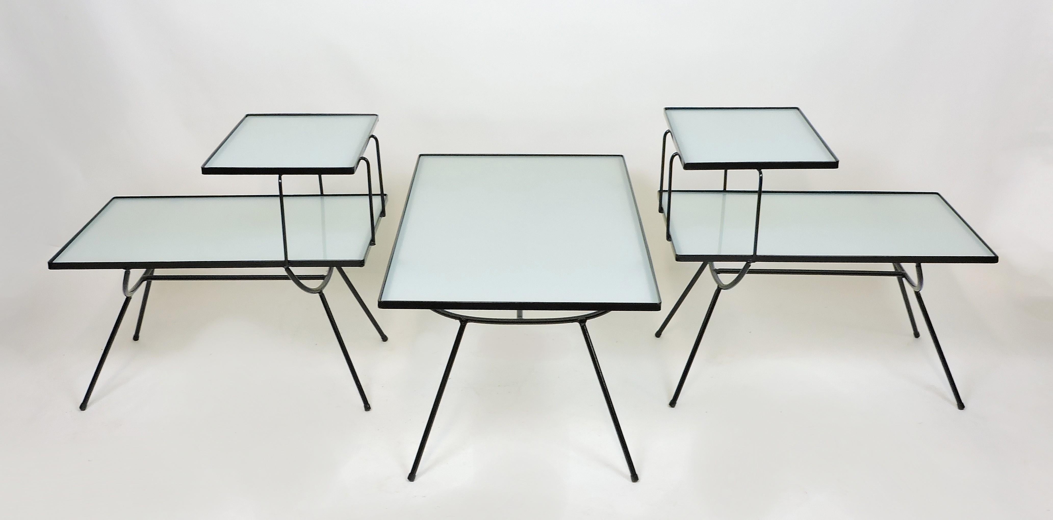 Frosted Set of Mid-Century Modern Nelson Style Iron and Glass Tables by Frank and Son For Sale