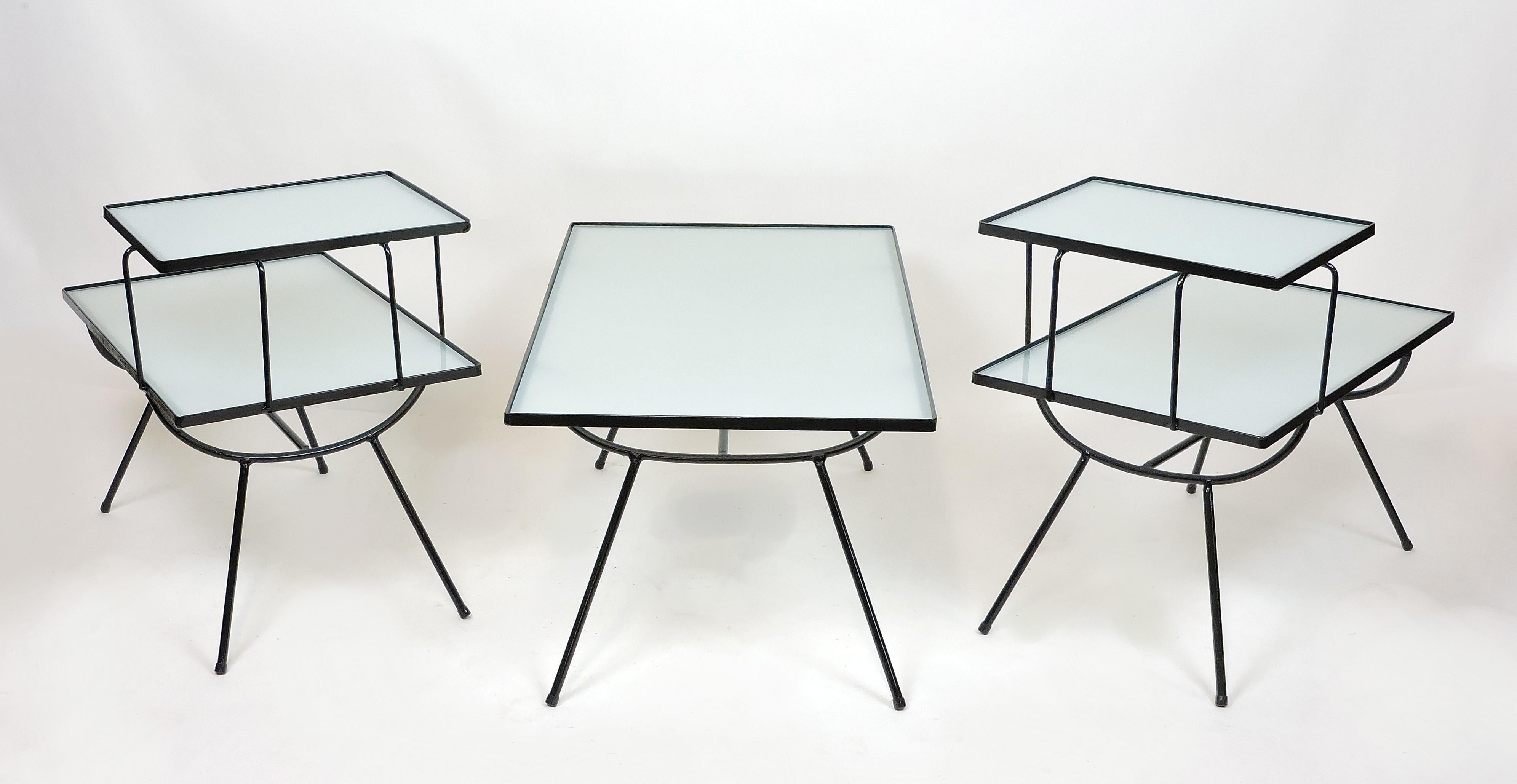Set of Mid-Century Modern Nelson Style Iron and Glass Tables by Frank and Son In Excellent Condition For Sale In Chesterfield, NJ