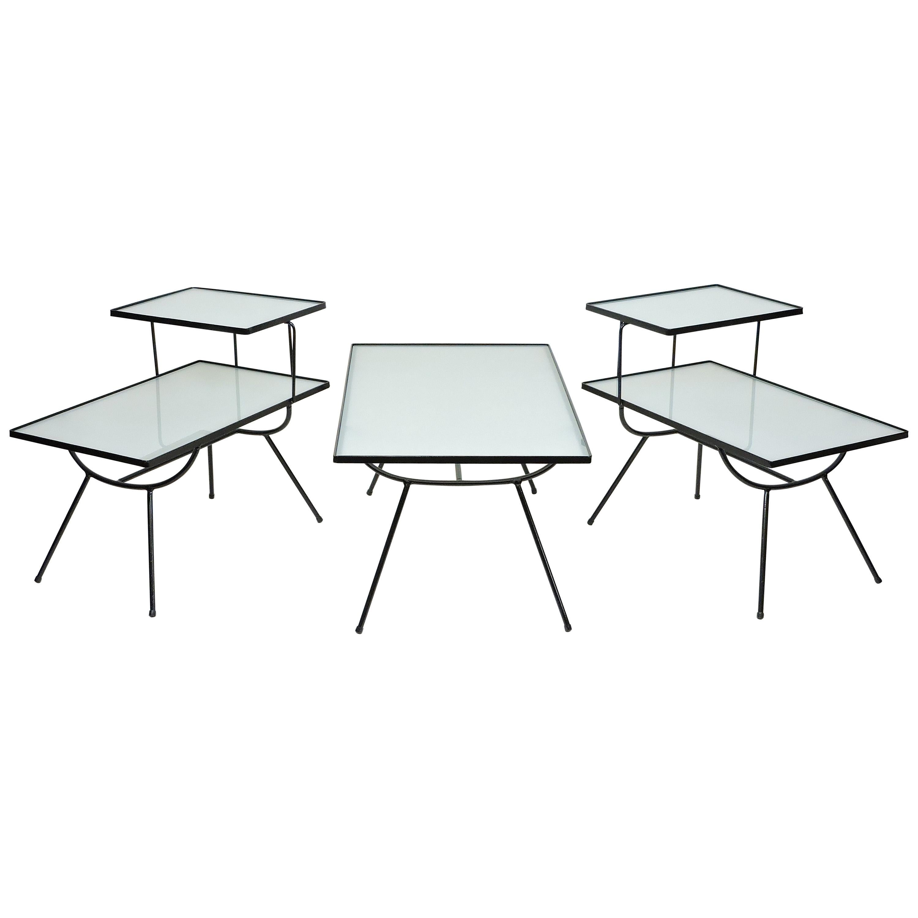 Set of Mid-Century Modern Nelson Style Iron and Glass Tables by Frank and Son For Sale