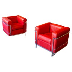 Set of  Red Leather Lounge Chairs "LC2" by Le Corbusier, 1970s
