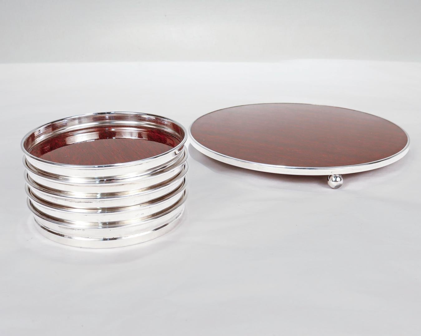 American Set of Mid-Century Modern Sterling Silver & Laminate Bottle & Glass Coasters For Sale