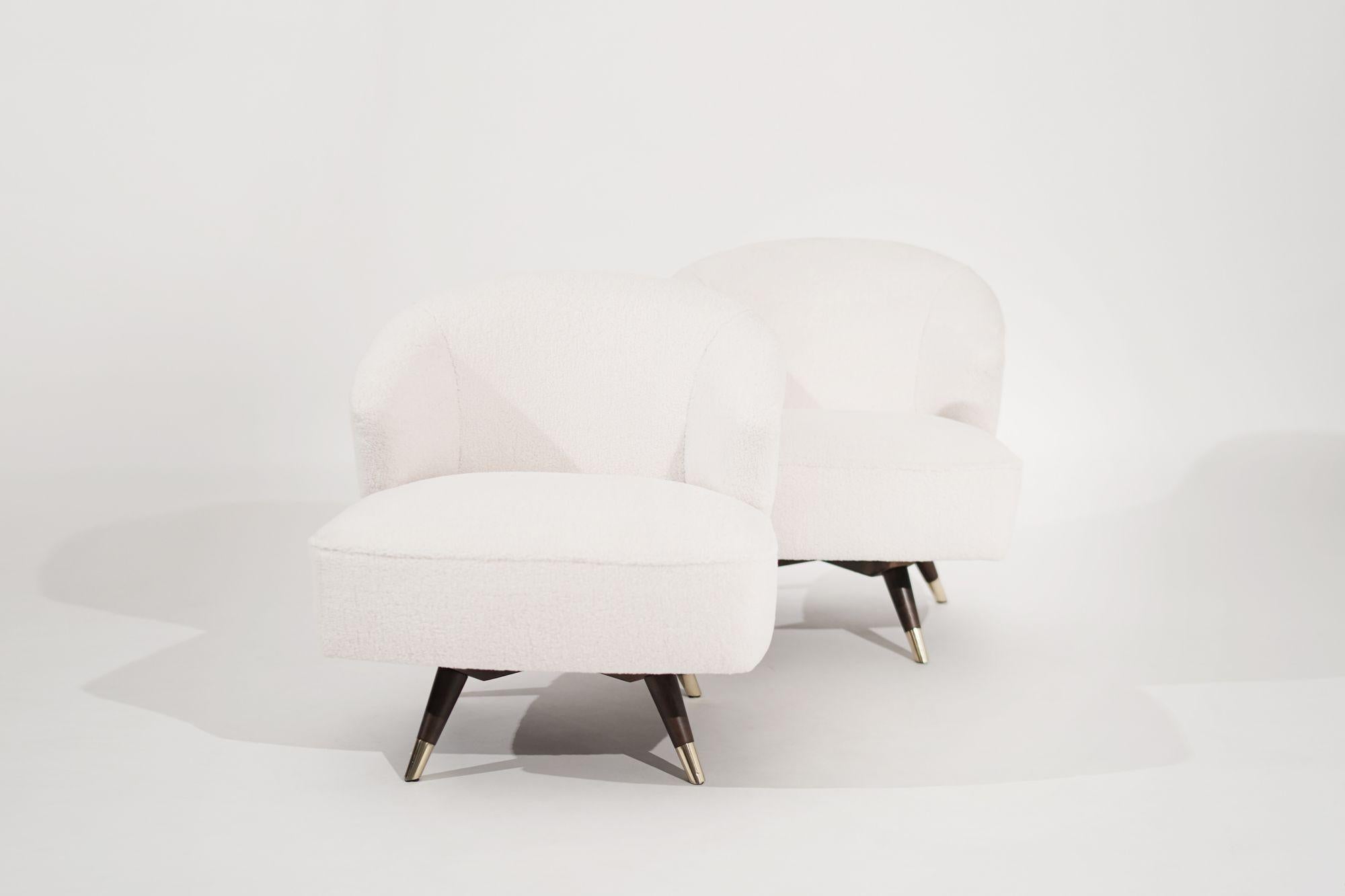 Brass Set of Mid-Century Modern Swivel Chairs in Bouclé, circa 1950s