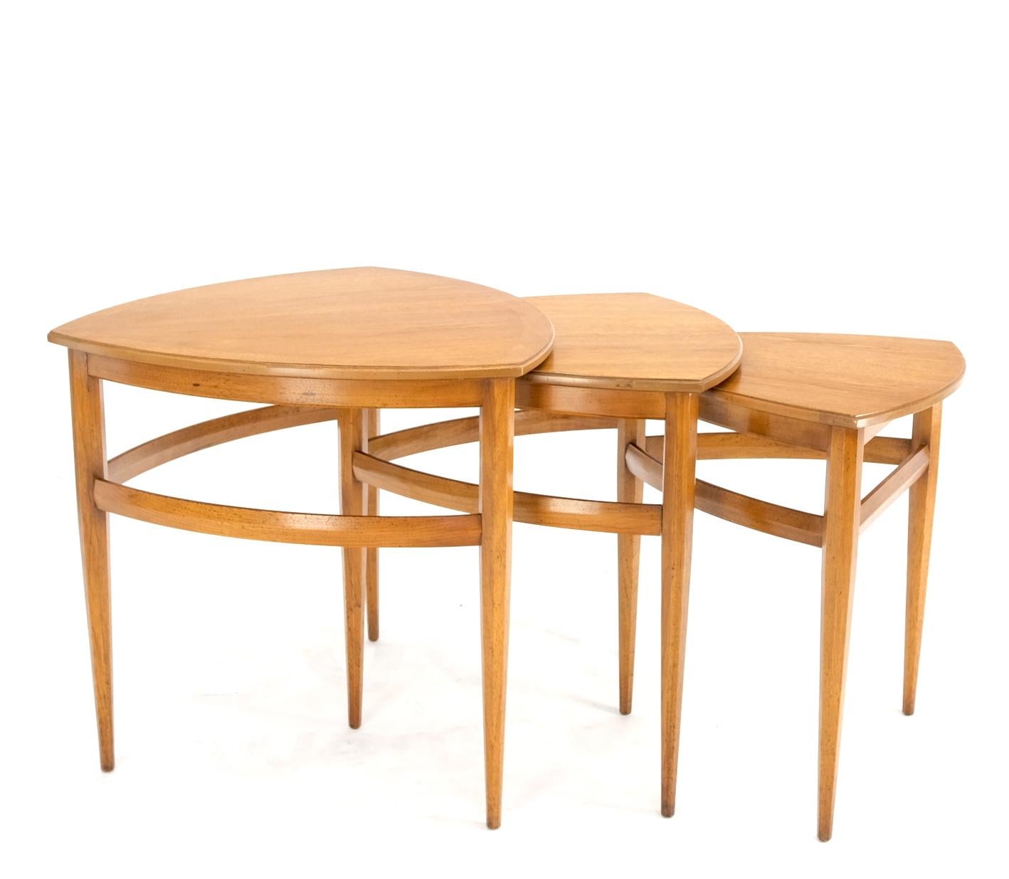 Set of 3 Mid-Century Modern light walnut three rounded triangle shape nesting stacking tables.