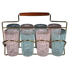 Set of Mid-Century Modern Vintage Glasses, Confetti Pattern, with Brass and Wood