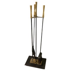 Set of Mid Century Modernist Brass and Iron Fireplace Tools
