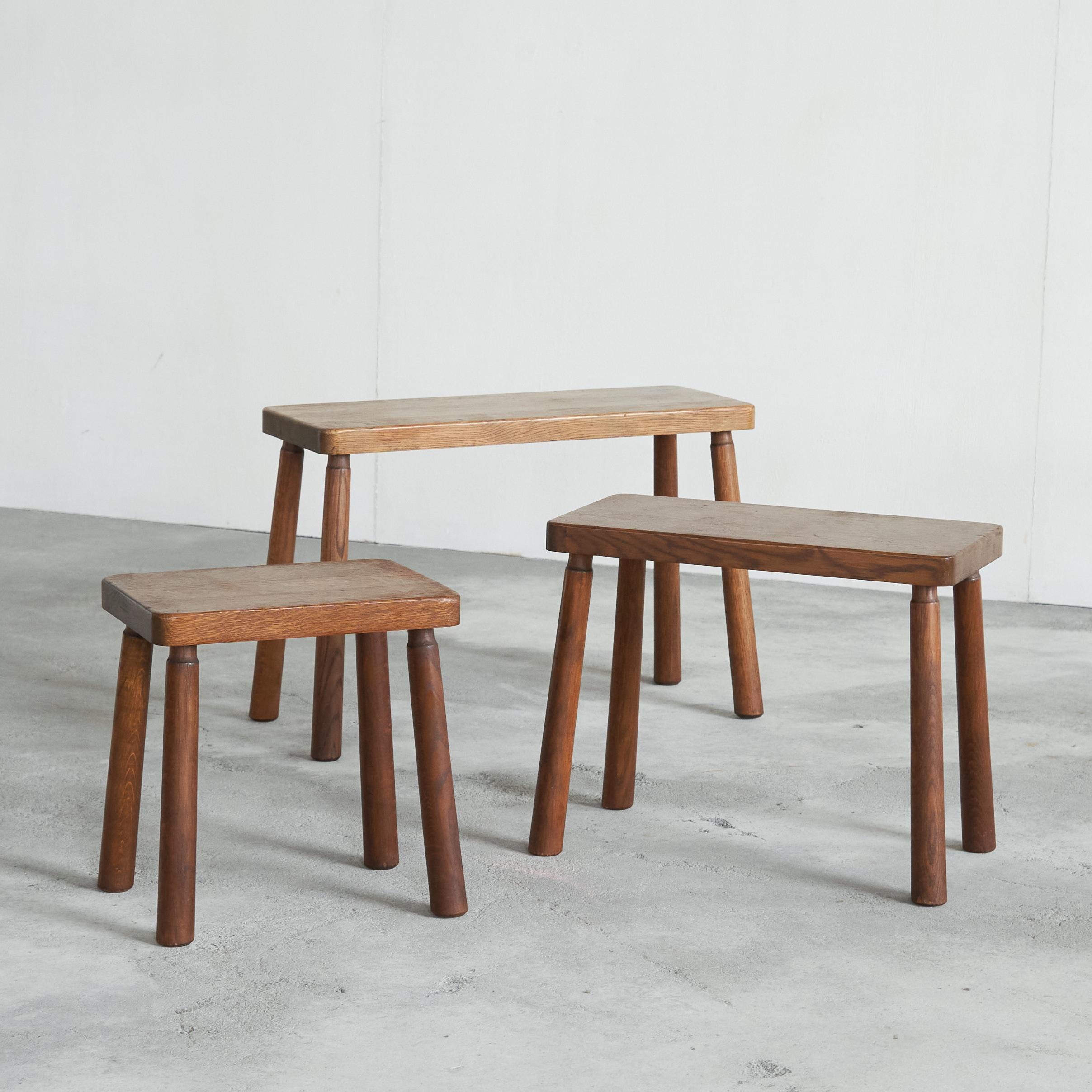 Set di tavolini da salotto di metà secolo in Oak massiccio, Europa, metà del XX secolo.

Si tratta di un delizioso set di tavolini da salotto in rovere massiccio, realizzato in Europa a metà del XX secolo. Senza tempo e versatili, questi tavoli