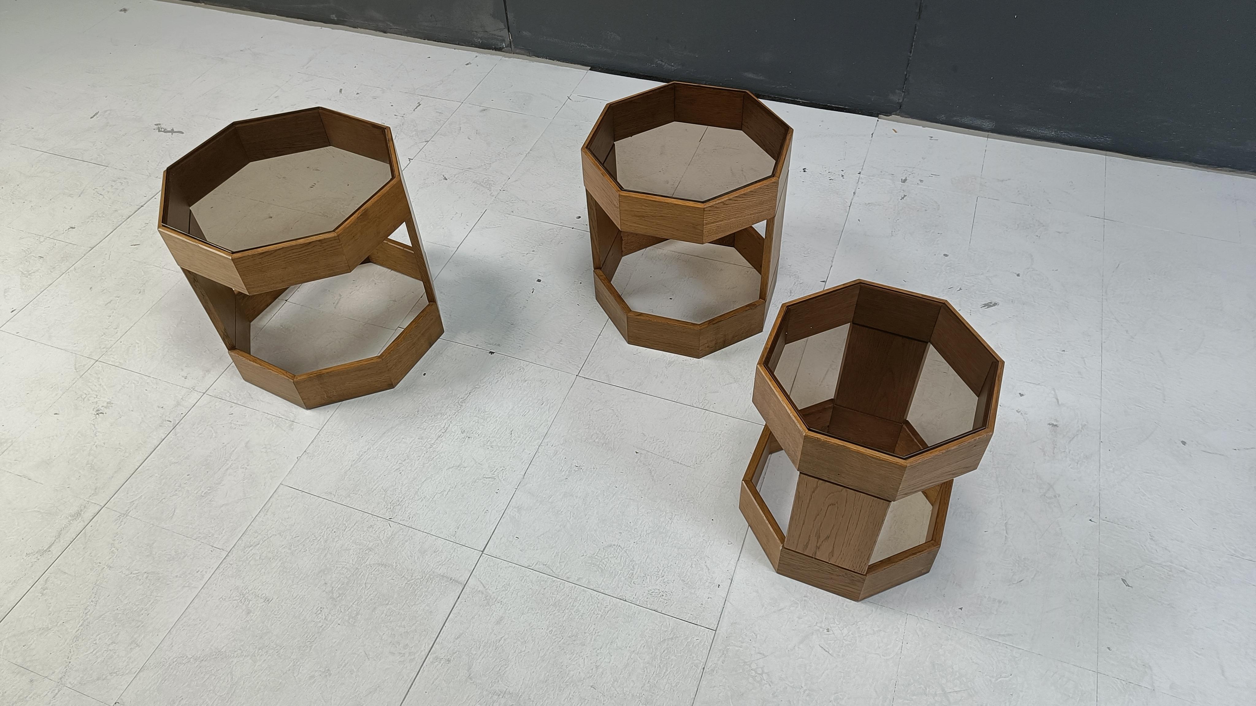 Smoked Glass Set of mid century octogonal wooden Italian nesting tables, 1960s