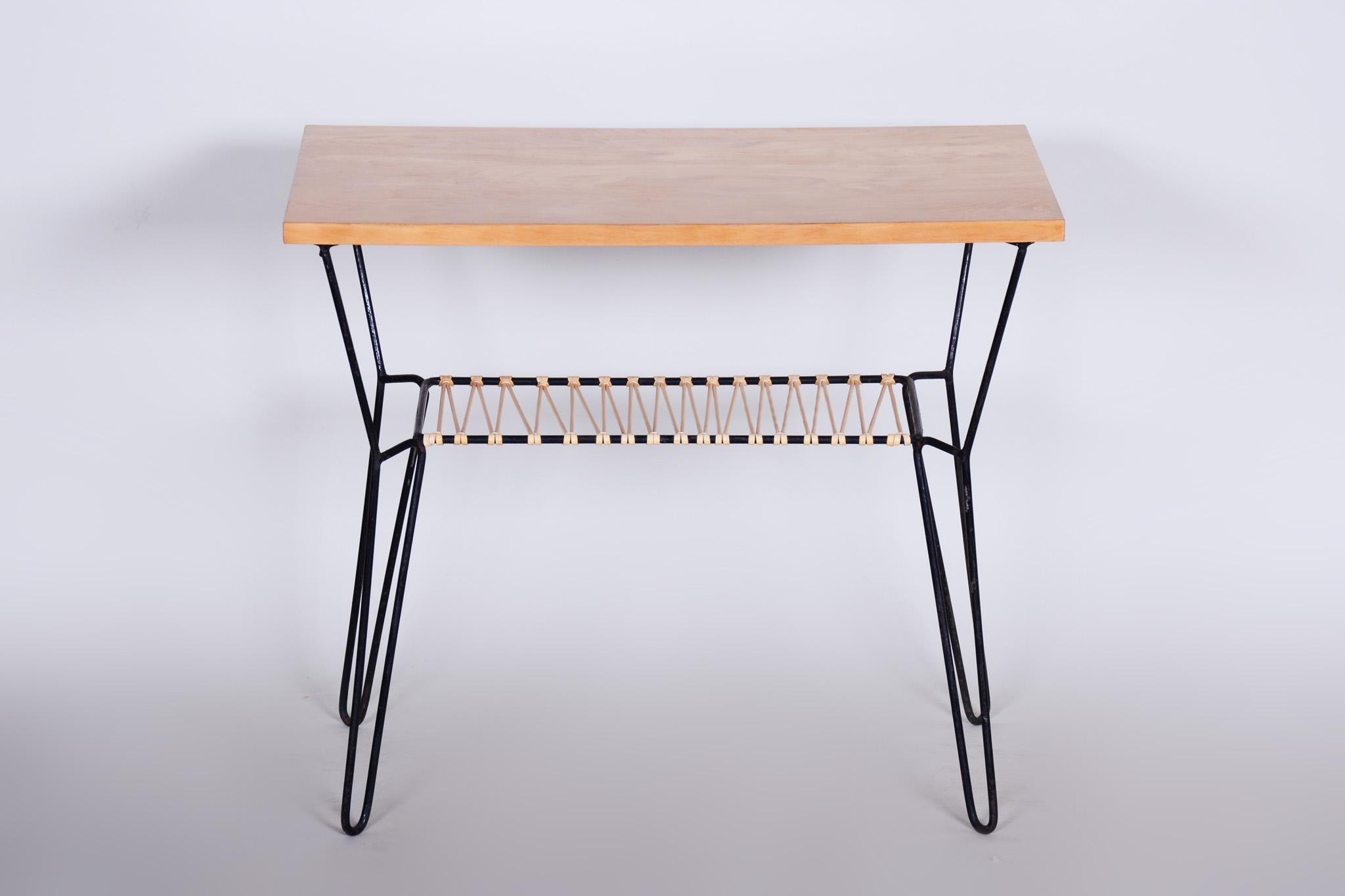 Midcentury stool and table.
Original well preserved condition.
Period: 1950-1959
Source: Czechia (Czechoslovakia)
Material: Beech and lacquered steel

Table dimensions:
Height 56 cm (22.05 in)
Width 70 cm (27.56 in)
Depth 45 cm (17.72