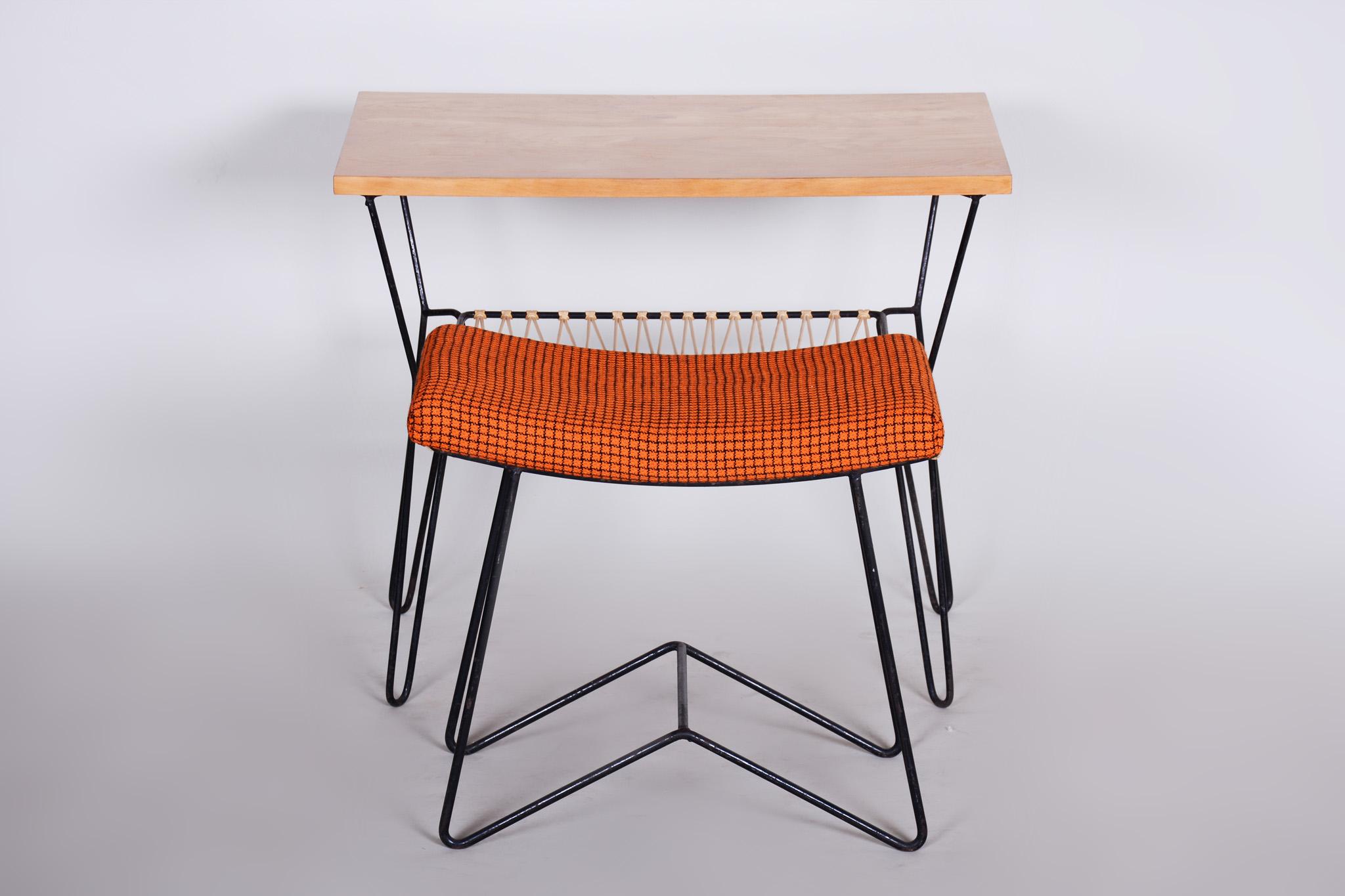 Mid-Century Modern Set of Midcentury Orange Stool and Beech Table, Preserved Condition, 1950s For Sale